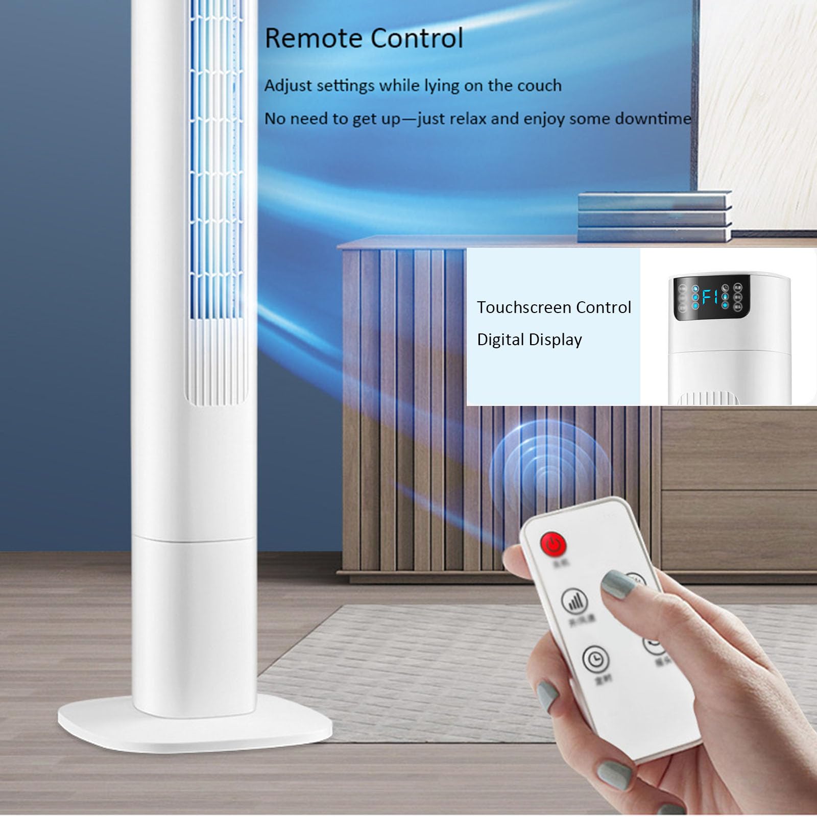 Ventilador con pie,silencioso torre aire con mando (90cm) | 3 velocidades, temporizador 2/4/8h, luz LED, depósito agua 600ml, para hogar, oficina y dormitorios estudiantiles