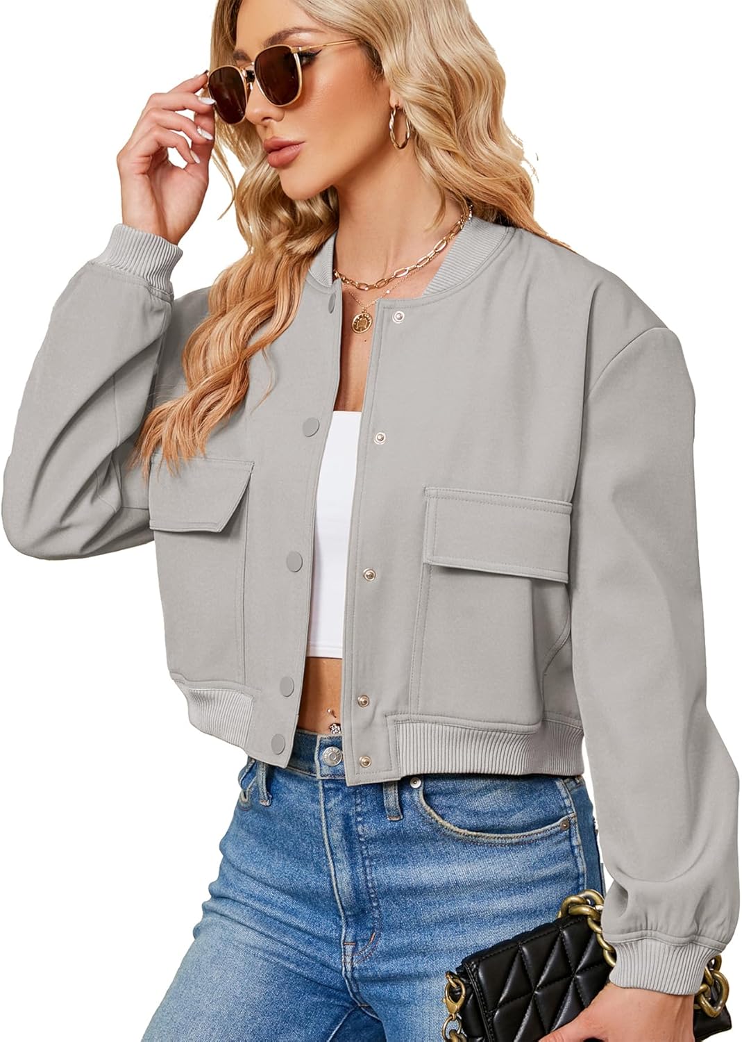 Zando Bomber Jacket Women 2026 - Short Cropped Jacket Women Button Down Long Sleeve Casual Varsity Jackets with Pockets