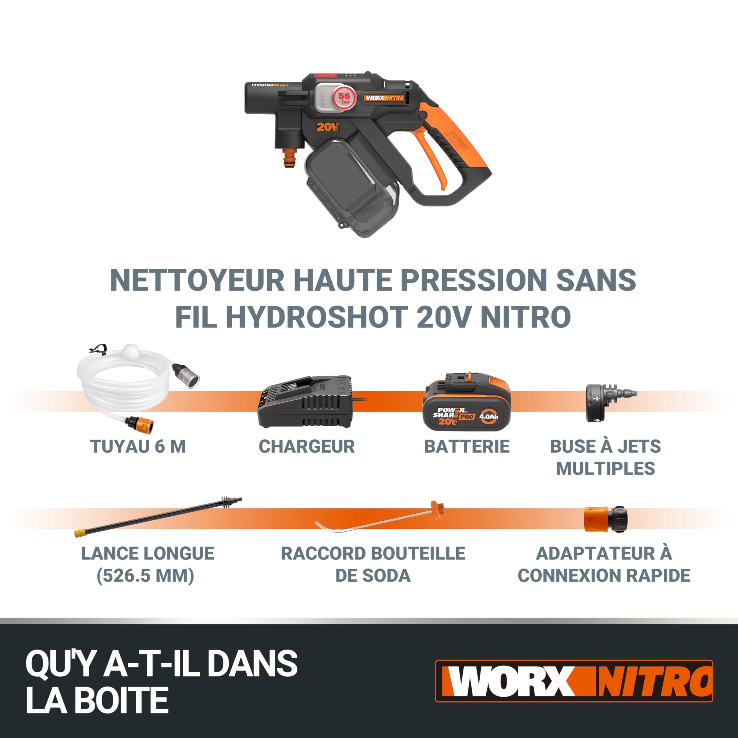 WORX Nettoyeur Haute Pression sans Fil Brushless 20V Hydroshot WG633E, Outil Mobile sans raccord d'eau Fixe, livré ave 1 Batterie 4Ah, Chargeur, Tuyau 6m, Lance Longue, buse à Jets Multiples