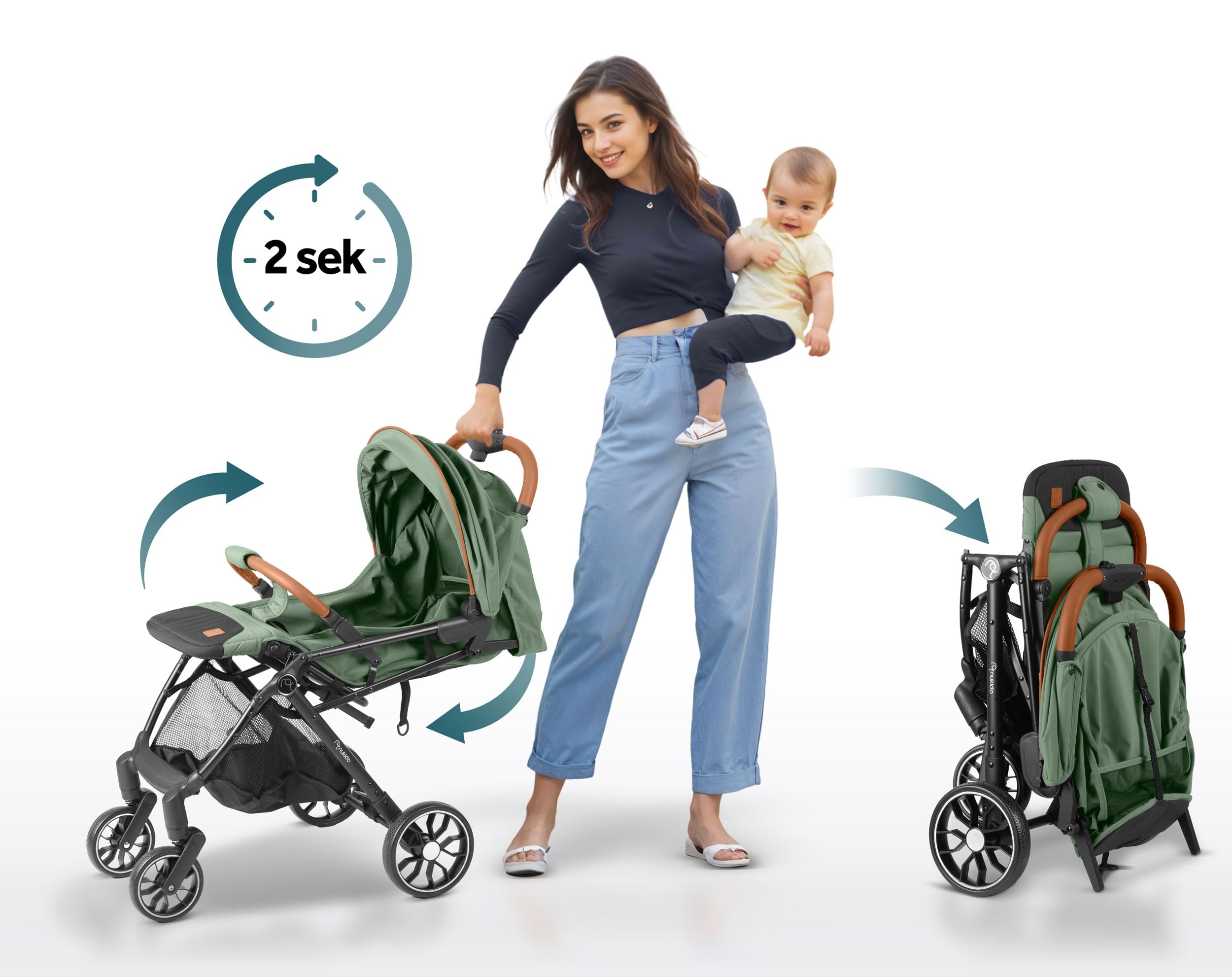 Nukido Poussette Canne Pour Bébé 0-36 Mois 0-15 kg Pliage Automatique En 2 Secondes Roues Avant À 360° Amorties Grandes Roues Arrière Tout-Terrain Vert Paseo
