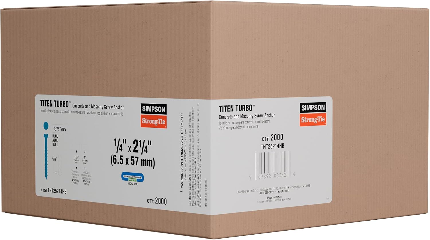 Simpson Strong-Tie TNT25214H Titen Turbo — 1/4 in. x 2-1/4 in. Hex-Head Concrete and Masonry Screw, Blue (100-Qty)