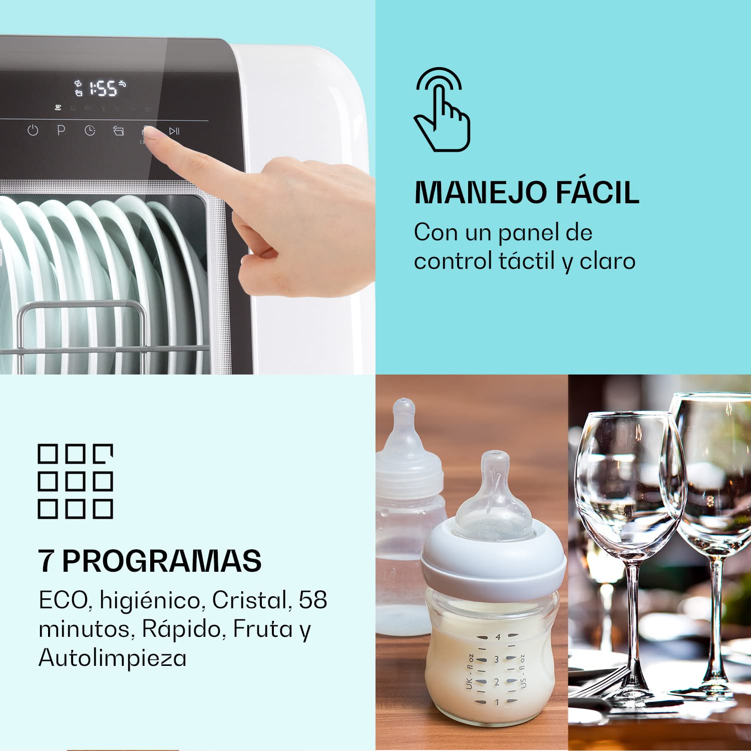 Klarstein Lavavajillas Pequeño de Sobremesa, Mini Lavavajillas 3 Cubiertos, Portatil Silencioso para Encimera, 7 Programas de Lavado, Compacto para Casa, Sin Fontanería