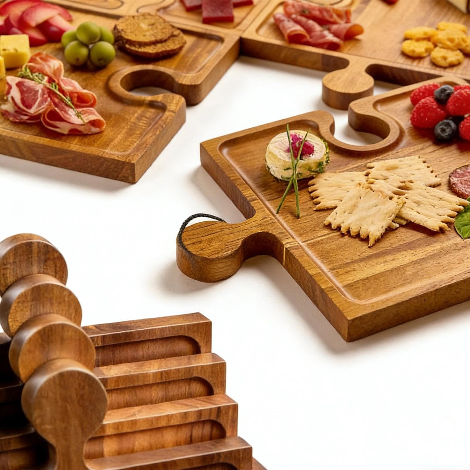 Bandeja De Servicio Presentación Moderna De Madera Tipo Puzzle | Tabla de Quesos y Embutidos con Asas Para Snack Tarta Postre Cocina Hogar Sala De Estar De Estreno Buffet De Vacaciones
