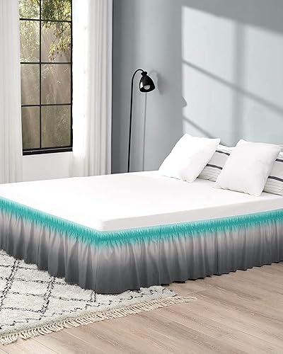 Miniatura 5 de Falda de cama gris turquesa, tamaño King de 16 pulgadas de caída, ajustable y elástica, plisada, con volantes de polvo de lujo para cama individual,