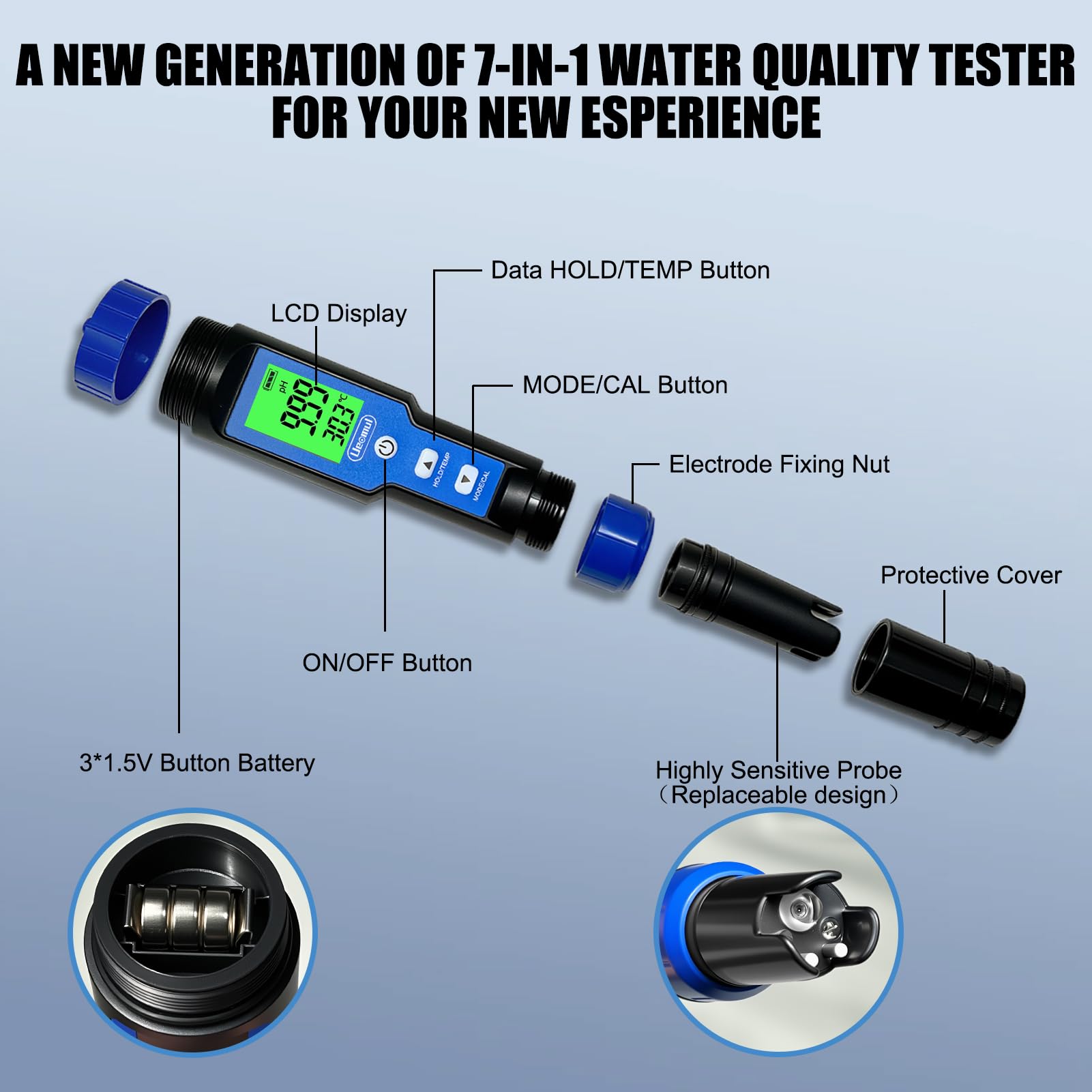 Misuratore pH 7 in 1, PH TDS EC SALT ORP S.G Temperatura Meter, professionale Tester Qualità Acqua ad alta precisione con copertura protettiva con spugna per piscina, acquario, acqua potabile
