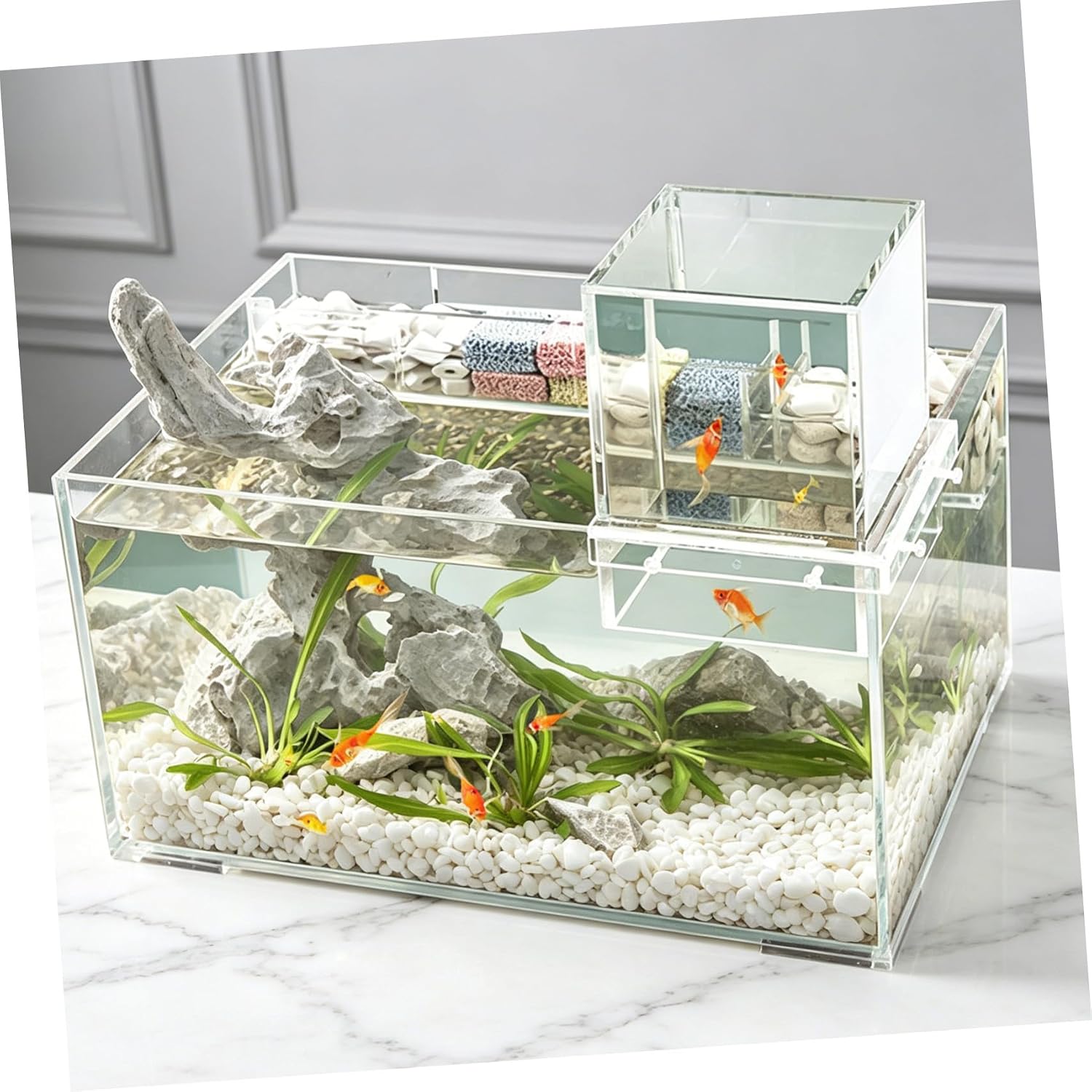 Cabilock Vacuum Suspended Fish Tank Acrylic Aquarium with Auto-Refill Water System and External Hanging Structure for Betta Fish Aquarium in Cabinet Settings