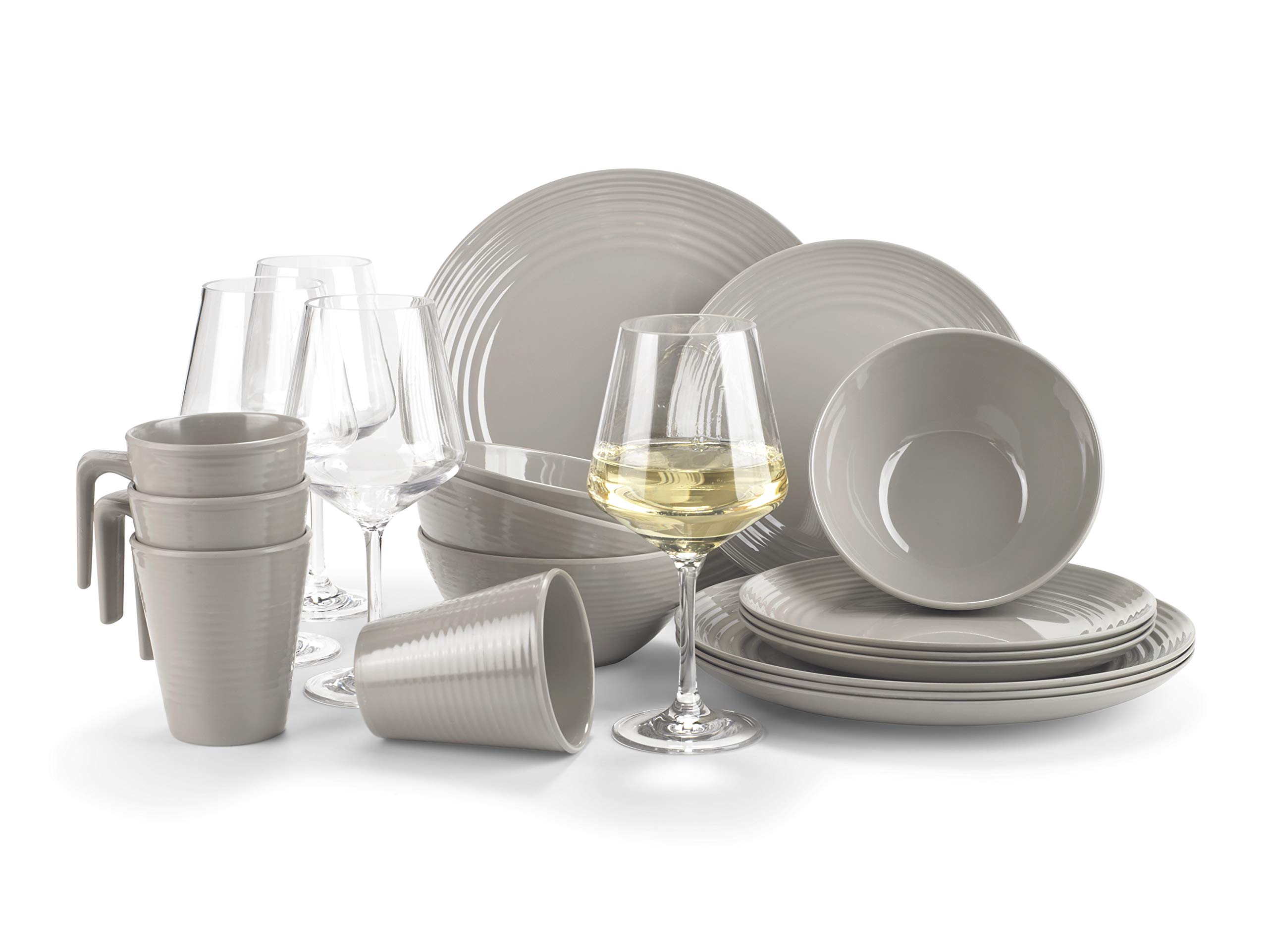Moritz Toffee - Vajilla de melamina para camping (16 a 32 piezas, para 4 personas, diseño y juego a elegir), vajilla de picnic (4 personas con copas de vino blanco)