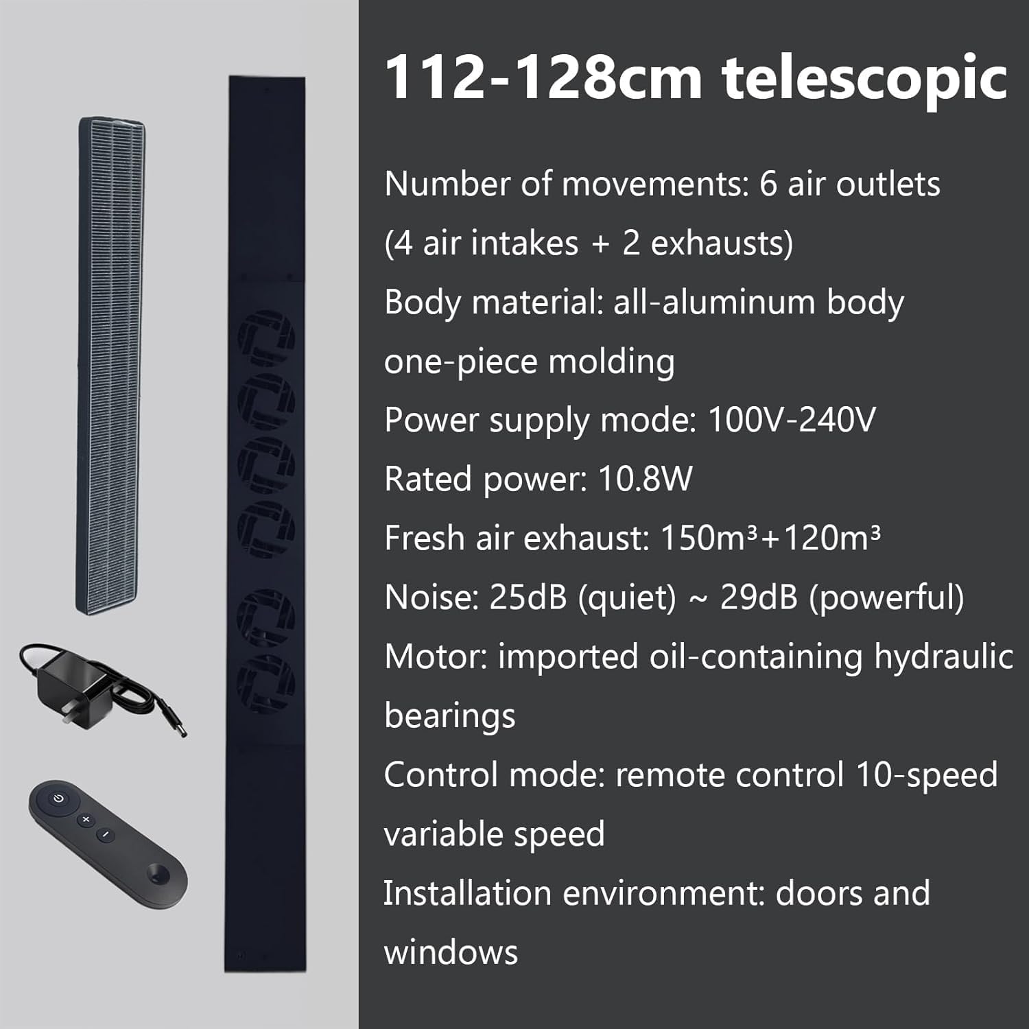 Window Exhaust Fan, Zone Window Fan for Bedroom, Retractable 80-128cm Optional, with 6 Air Outlets (4 Air Intakes + 2 Exhausts), for Bedroom, Home, Kitchen