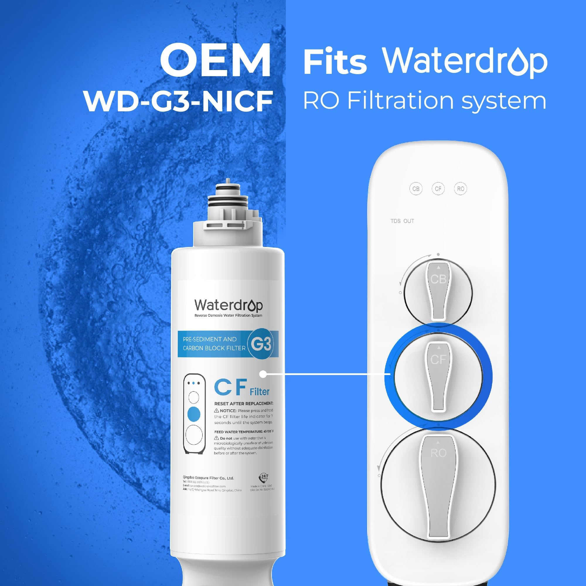 Waterdrop Filtro WD-G3-N1CF, Durata di 6 Mesi, Sostitutivo del Sistema a Osmosi Inversa WD-G3-W, Confezione da 2 pz.