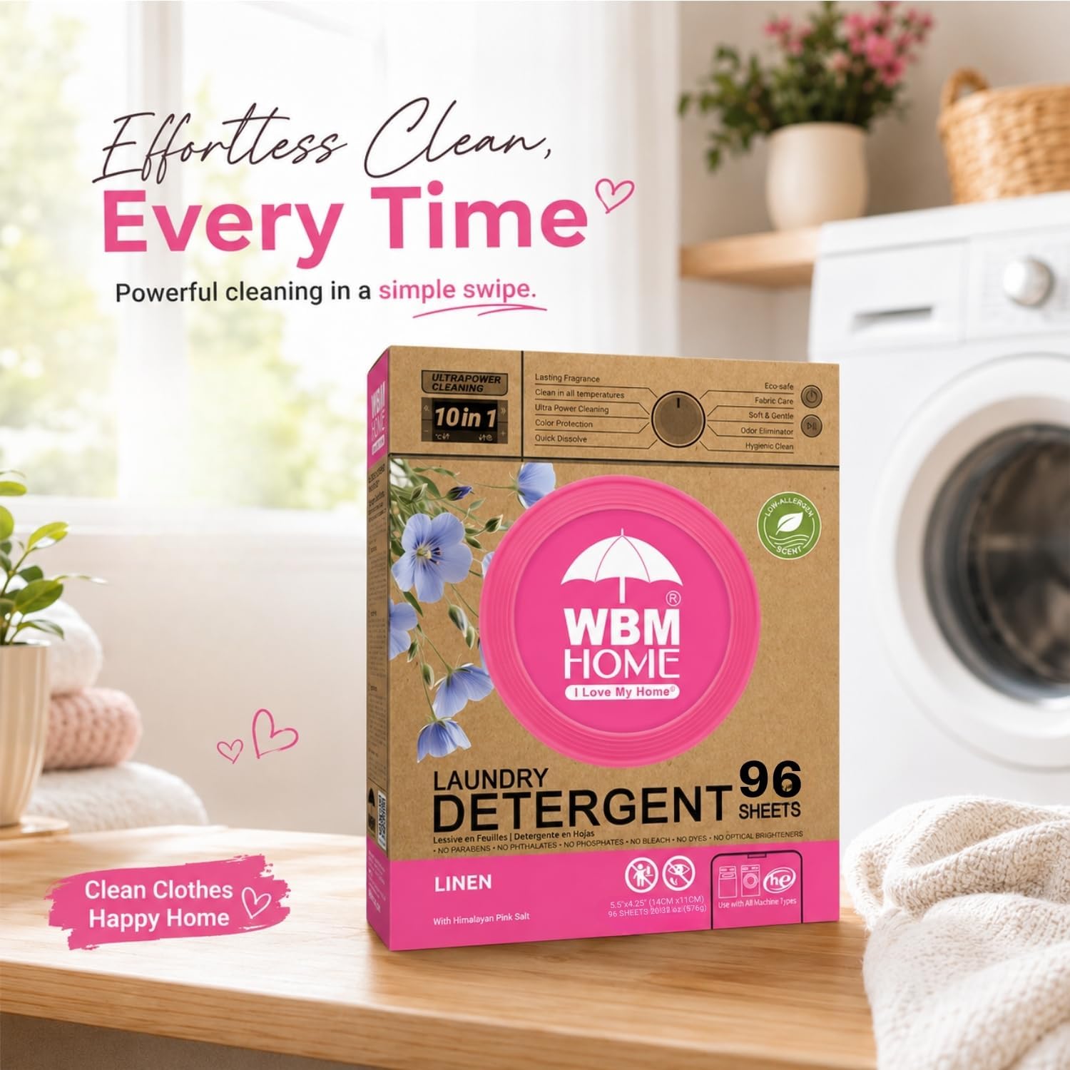 WBM Home Laundry Detergent Sheets, 96 Count – 10 in 1 Linen Scent Laundry Sheets with Himalayan Pink Salt, No Parabens No Dyes No Phosphates, For HE Top & Front Load Washers