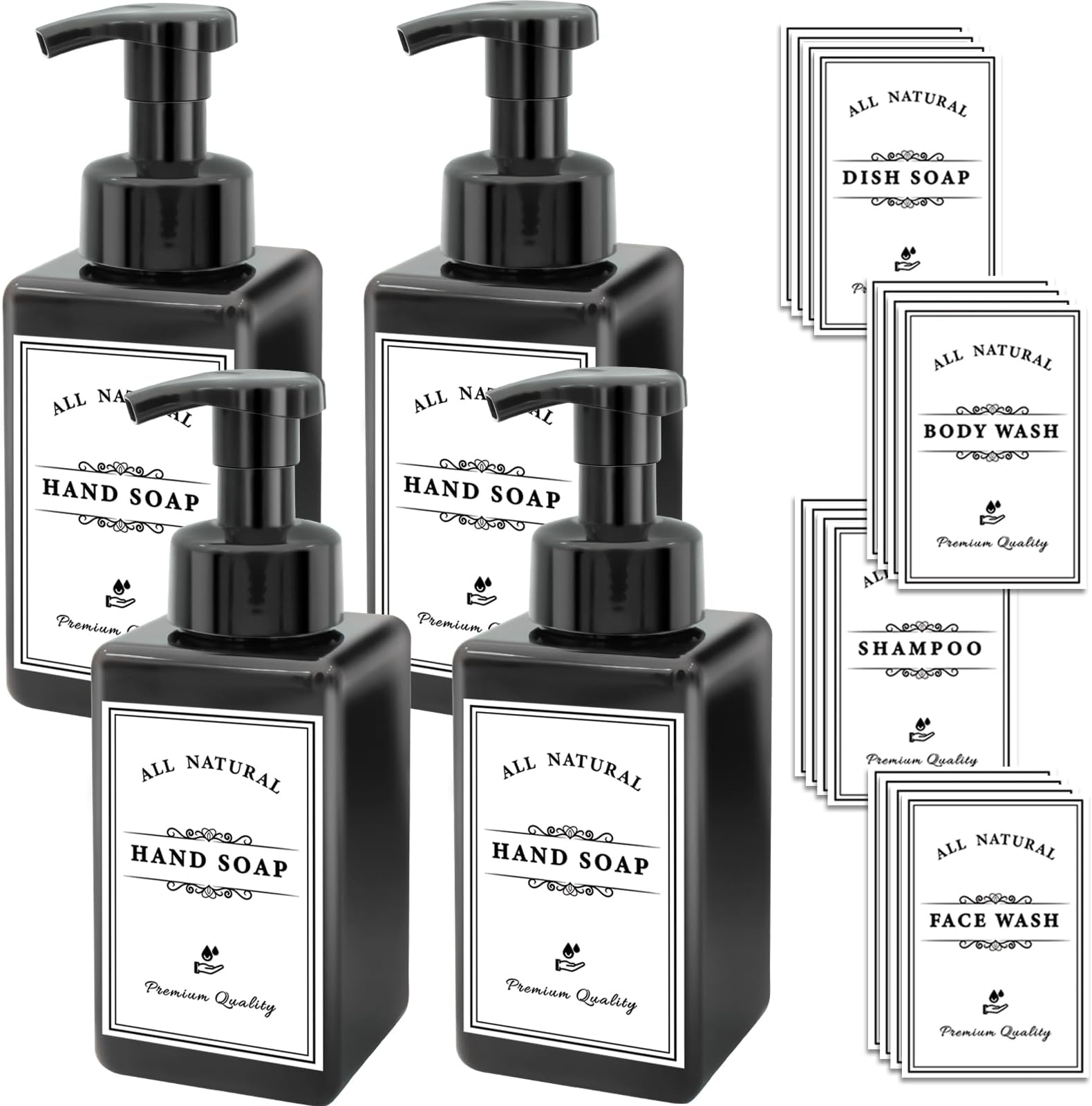 Foaming Soap Dispenser, 4 Pack Plastic Refillable Foaming Hand Soap Dispenser with 20 Pcs Waterproof Labels, 450ml (15oz) Foam Pump Bottle for Bathroom and Kitchen (Black)