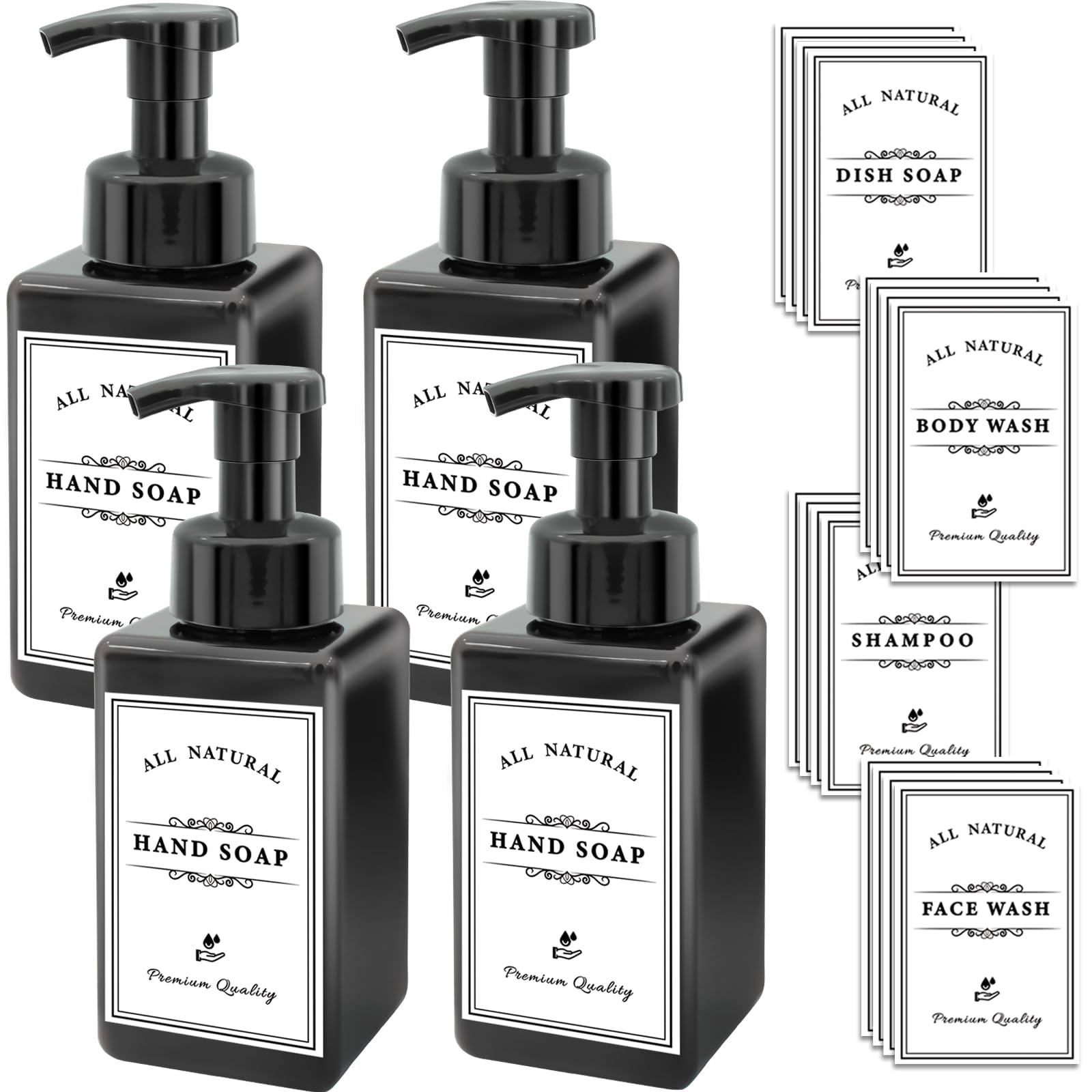 Foaming Soap Dispenser, 4 Pack Plastic Refillable Foaming Hand Soap Dispenser with 20 Pcs Waterproof Labels, 450ml (15oz) Foam Pump Bottle for Bathroom and Kitchen (Black)