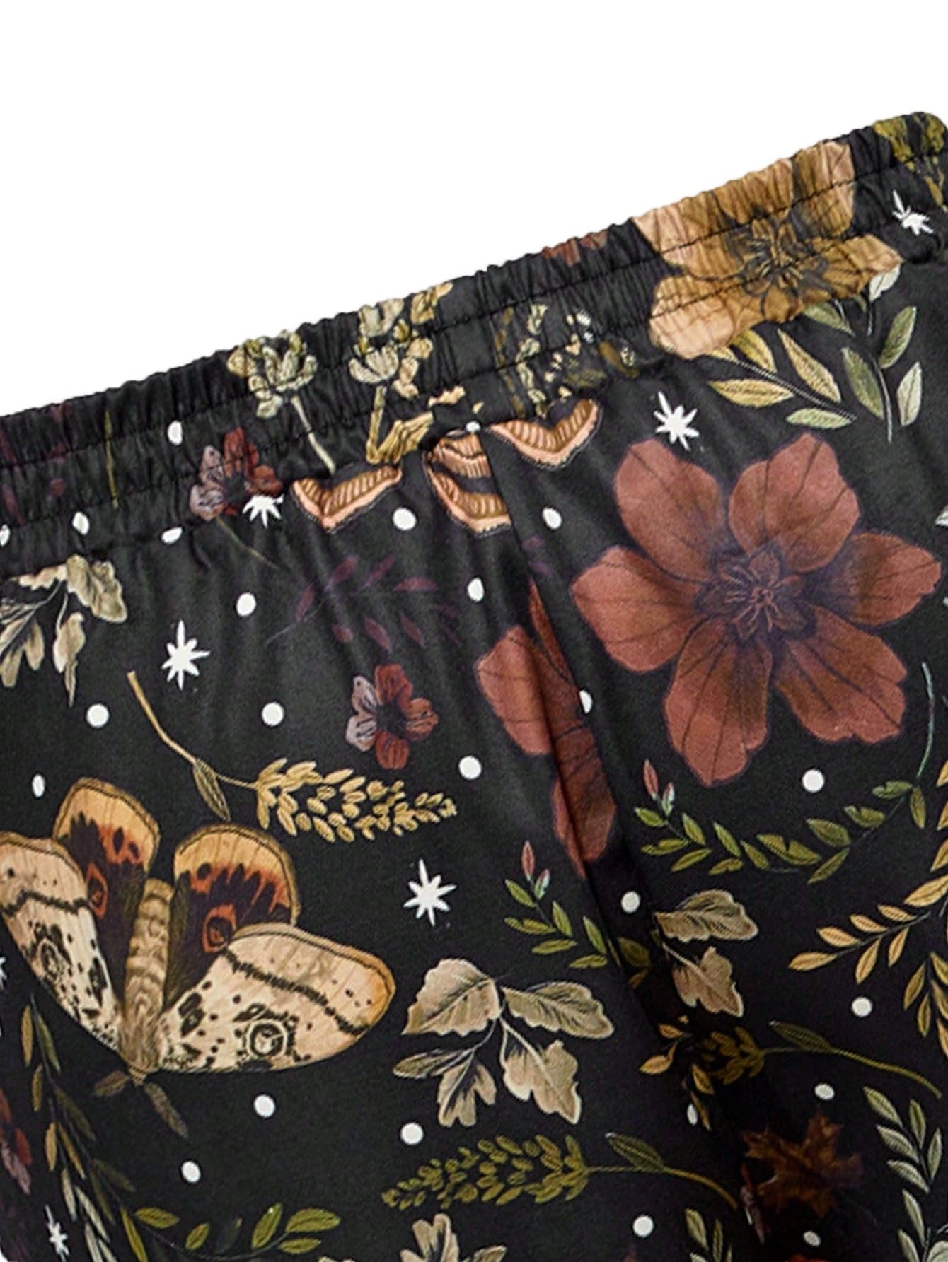 SweatyRocks Szerokie spodnie damskie, eleganckie kwiaty, szerokie nogawki, moda zimowa, spodnie damskie z gumowym ściągaczem, wygodne spodnie rekreacyjne