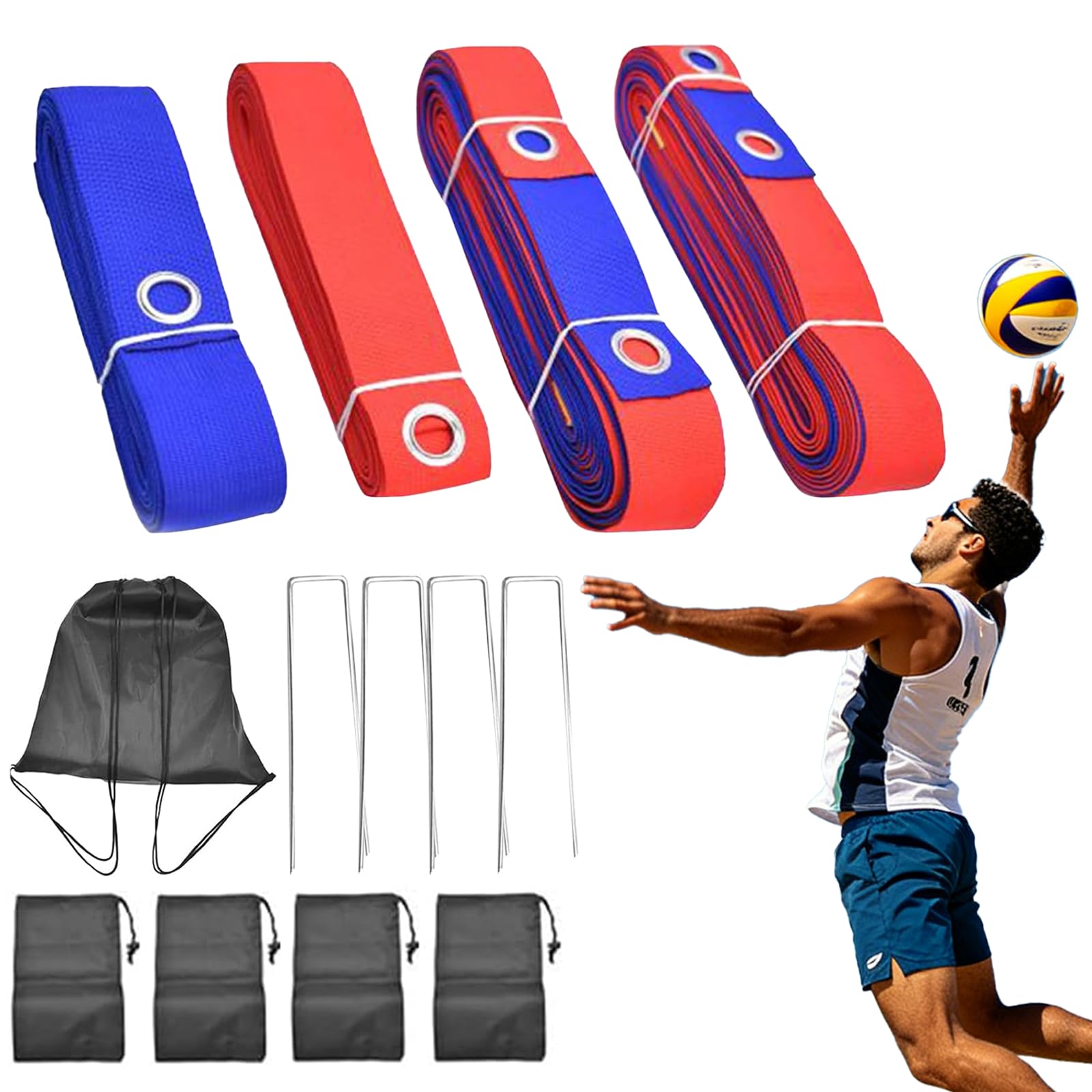 Beachvolleyball Linien Set, Professionelle Volleyball Feldmarkierung für Sandplatz und Garten, Reißfestes Gurtband mit Hoher Sichtbarkeit, Inklusive Erdspieße