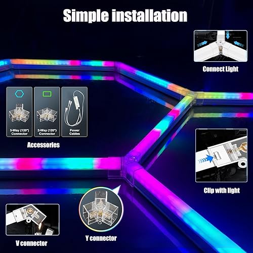 Miniatura 8 de Paquete de 25 luces LED hexagonales RGB para garaje, luz hexagonal RGB con multicolor, luces de pared hexagonales RGB regulables y ajustables de