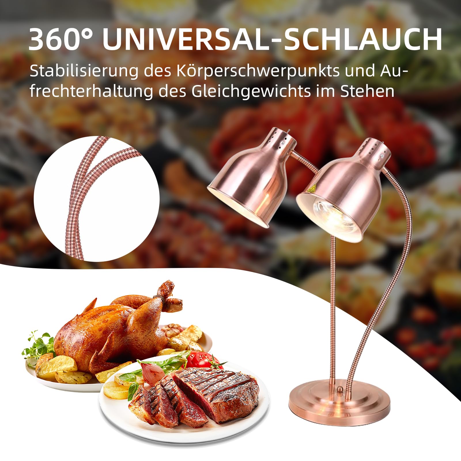 Lampada riscaldata da cucina, 250 W, lampada a infrarossi, doppia testa, autonoma, per buffet, sala da pranzo, hotel commerciali, mantenimento caldo degli alimenti (oro rosa)