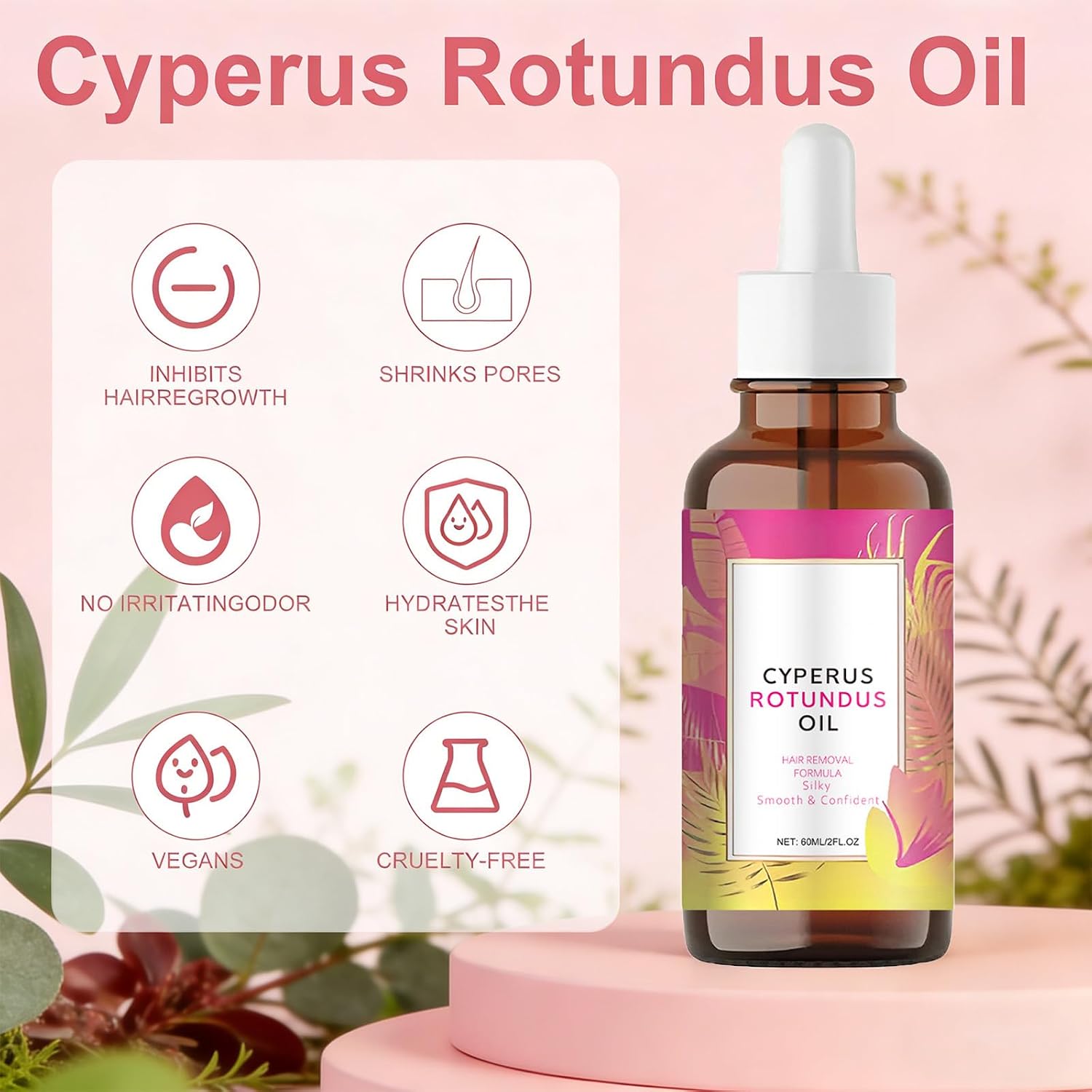 Renovia Cyperus Rotundus Oil, Renovia Hair Removal, Natural Cyperus Rotundus Oil for Hair Removal, Moisturizing & Soothing, Reduces Hair Growth, Safe for All Skin Types