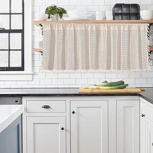 Miniatura 5 de Sutuo Home Cenefa de cortina traslúcida bohemia con borlas bohemias de punto hueco hecho a mano, tratamiento corto de ventana para cocina,