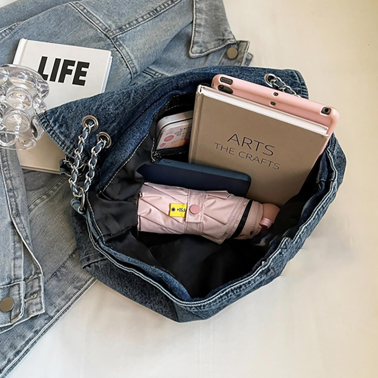 Denim Purse for Women Trendy Jean Purses Large Denim Tote Bag Fashion Crossbody Bags with chain - Image 6
