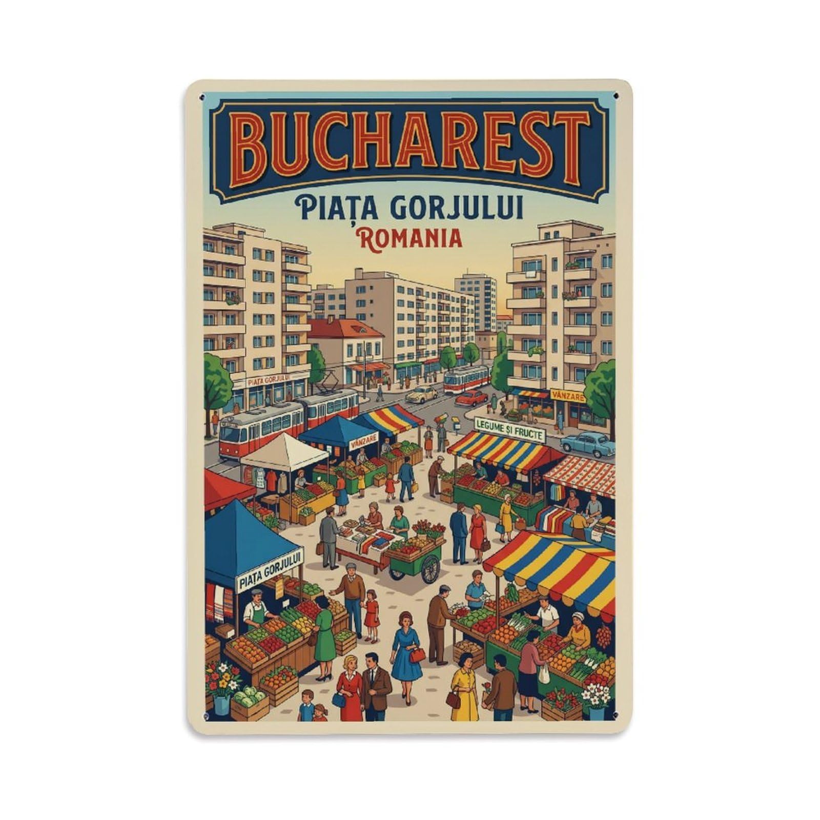Vintage Travel Bucharest Piata Gorjului Clean Romania Metal Tin Sign Plaque Wall Decor for Cafe, Club Bar, Office, Home Garden Metal Poster 8x12Inch
