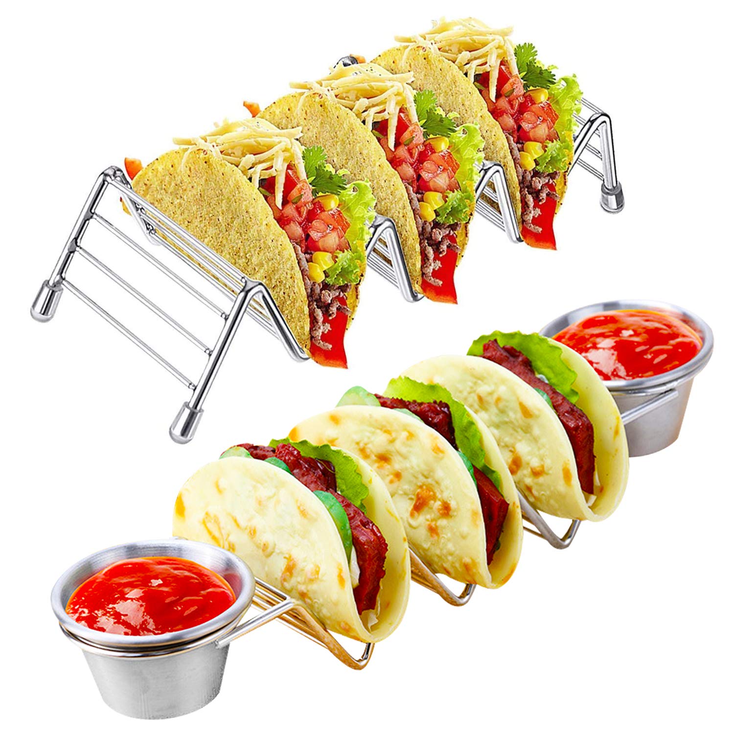 Taco Holder Stand Set,Stainless Steel Wave Taco Rack with 2 Seasoning Cups and Taco Tray Holds 3 Hard & Soft Shell Food for Dishwasher and Oven（2 Pack）