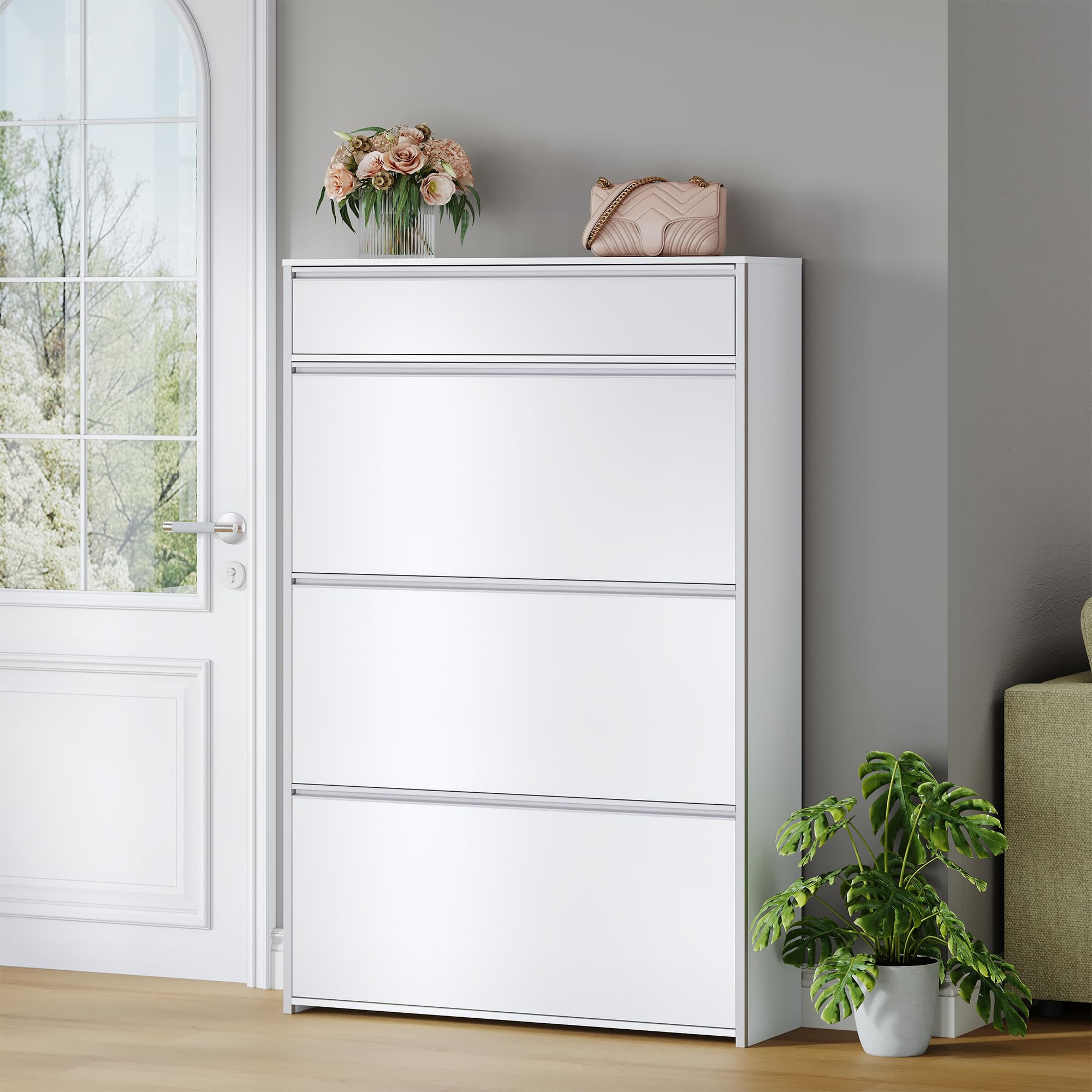 HEXCELEN Armario Zapatero Estrecho con 3 Puertas Abatibles, Zapatero con Cajón, Divisor Ajustable y Desmontable, para 18-24 Pares, para Pasillo, Entrada, 80 x 24 x 137,5 cm, Blanco-Plata