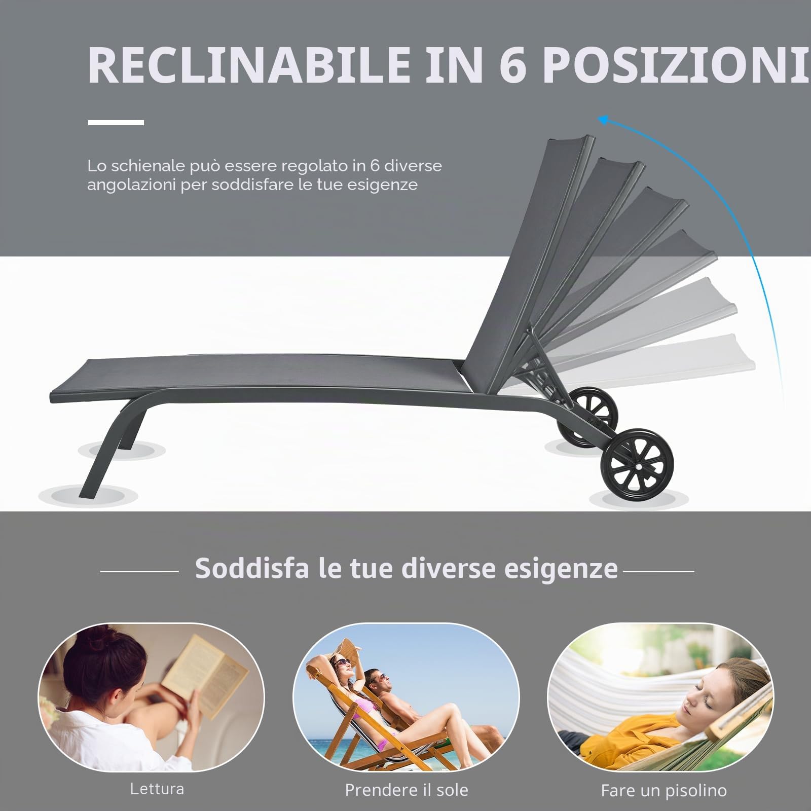 KOMFOTTEU Lettino Prendisole con Ruote e Schienale Regolabile, Sedia a Sdraio da Giardino Regolabile in 6 Livelli, Lettino da Spiaggia in Tessuto Textilene Portato 150 kg per Balcone, Piscina (Grigio)