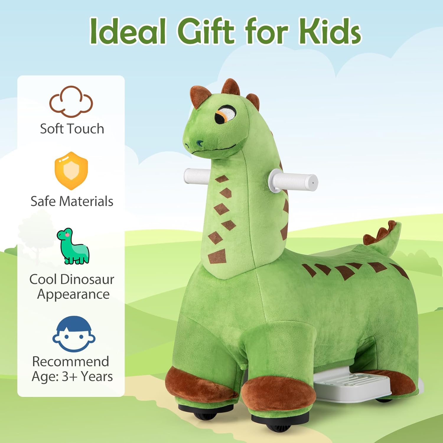 OLAKIDS Ride on Toys, 6V Electric Battery Powered Electric Ride on Dinosaur with Music, Padded Seat, Forward, Foot Pedal, Wheels, Riding Horse Toy for Boys Girl Aged 3+