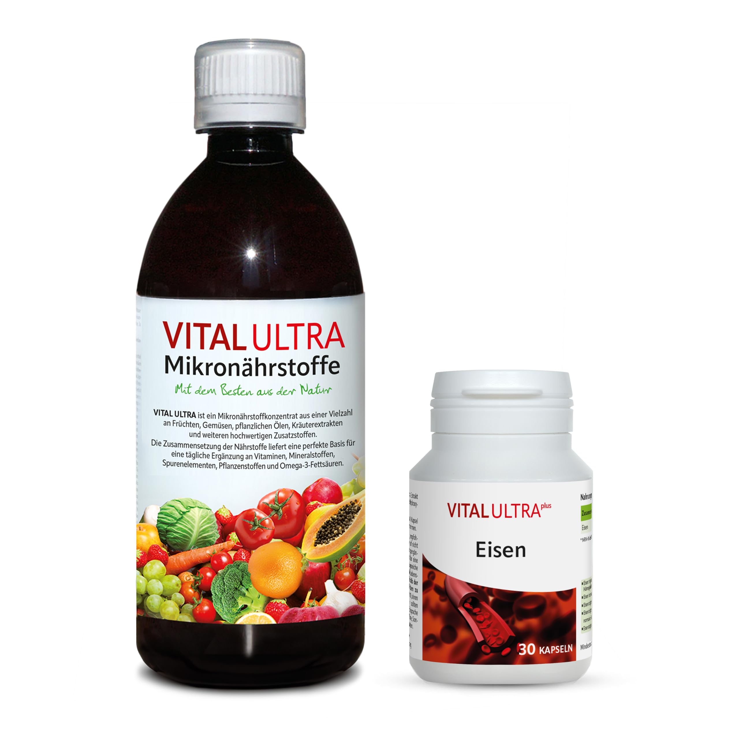 Vital Ultra – 480 ml Mikronährstoffkonzentrat & 30 vegane Eisen Kapseln – Vitamine, Mineralien, Spurenelemente, Pflanzenstoffe und Omega-3-Fettsäuren aus über 70 Zutaten