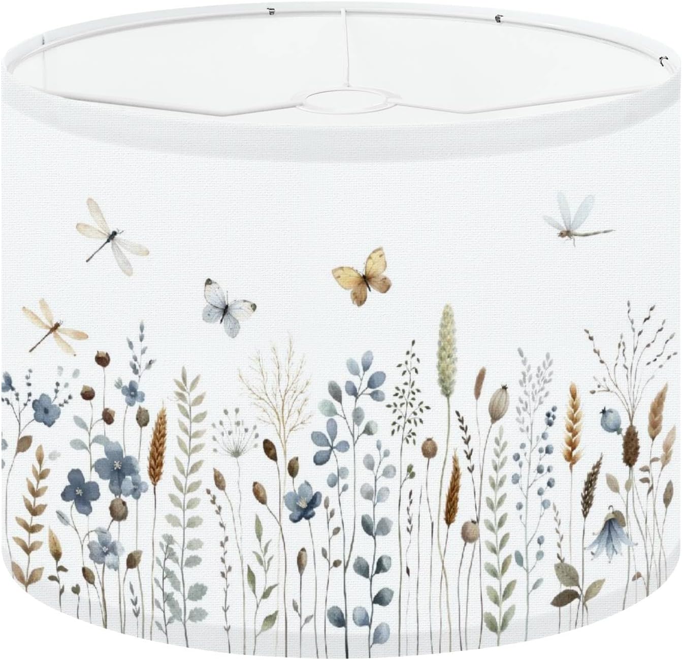 Boho Drum Lamp Shades - 11" x 11" x 8.9" Wildflowers plants butterflies dragonfly floral seamless watercolor Replacement Natural Linen Lampshades for Table Lamps, Floor Lamps Easy Assembly