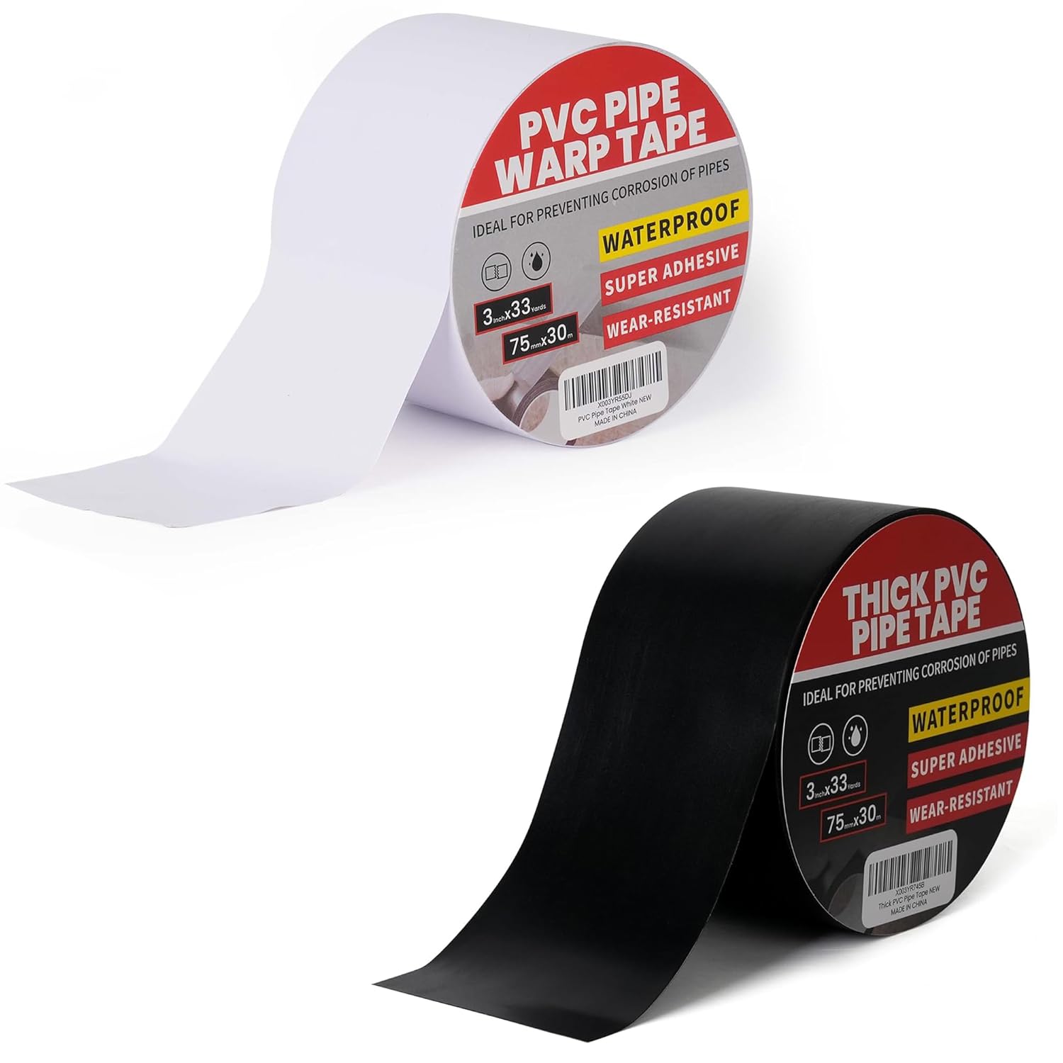 TAPEBEAR 10mil Pipe Wrap Tape Black + 6mil Pipe Wrap Tape White, Corrosion Protection Pipe Tape, 3Inch x 33Yard PVC Electrical Tape