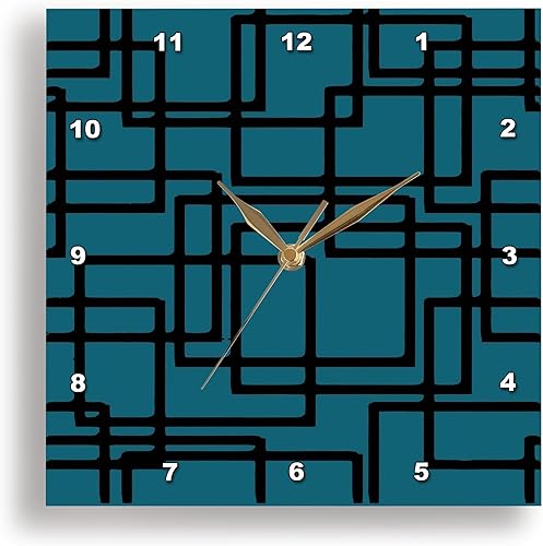 3dRose Wall Clock Silent - 15 inch - Retro Modern mid Century Black Rectangle Design on deep Teal - Acrylic Painting - Abstract Pattern
