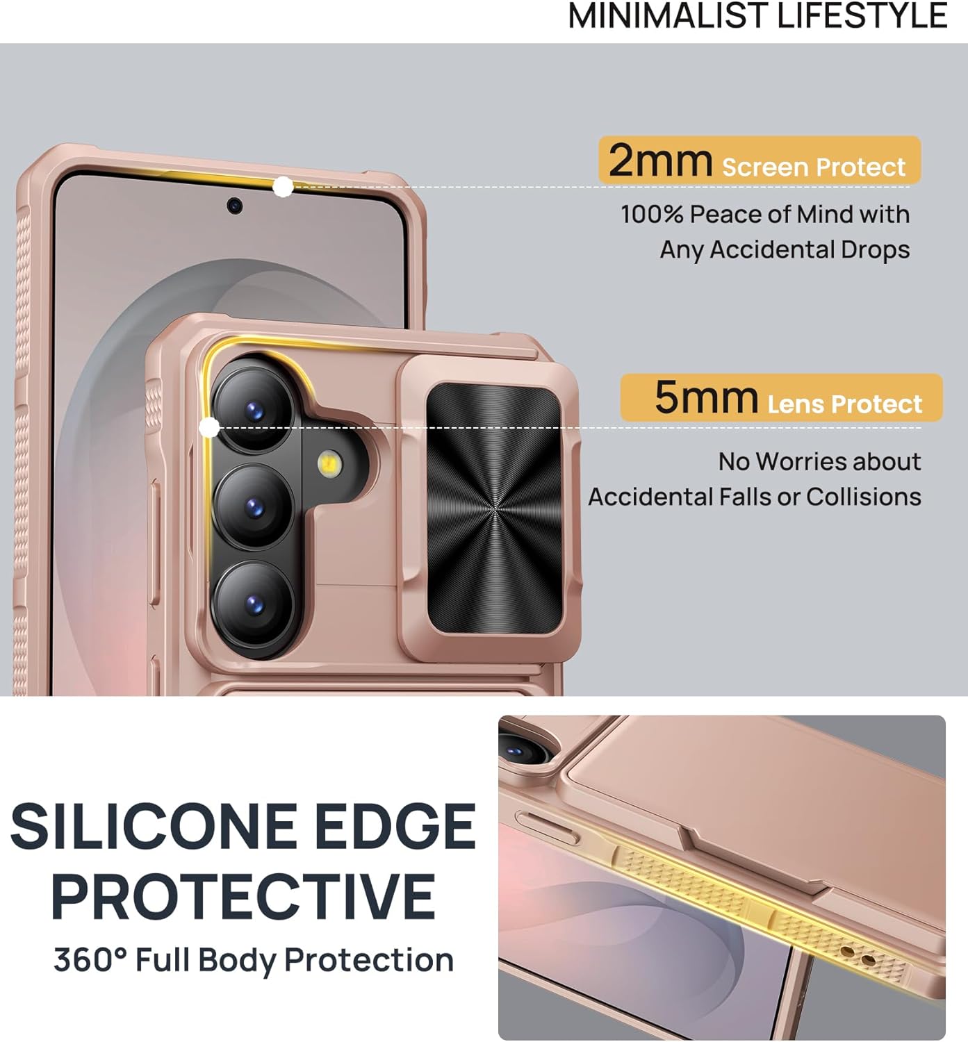 SSLOTSCASE for Samsung Galaxy S26 Wallet Case with Stand, Sliding Camera Cover & Raised Edges Protection & Card Holder [RFID Blocking], Rugged Shockproof Phone Cover Case for Galaxy S26, Rose Gold