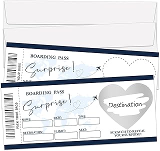 Surprise Boarding Pass Ticket, Blue Boarding Pass Gift Ticket, 2 Set DIY Scratch-Off Travel Tickets With Envelopes, Surprise Holiday Anniversary Trip Reveal Gifts Cards -05