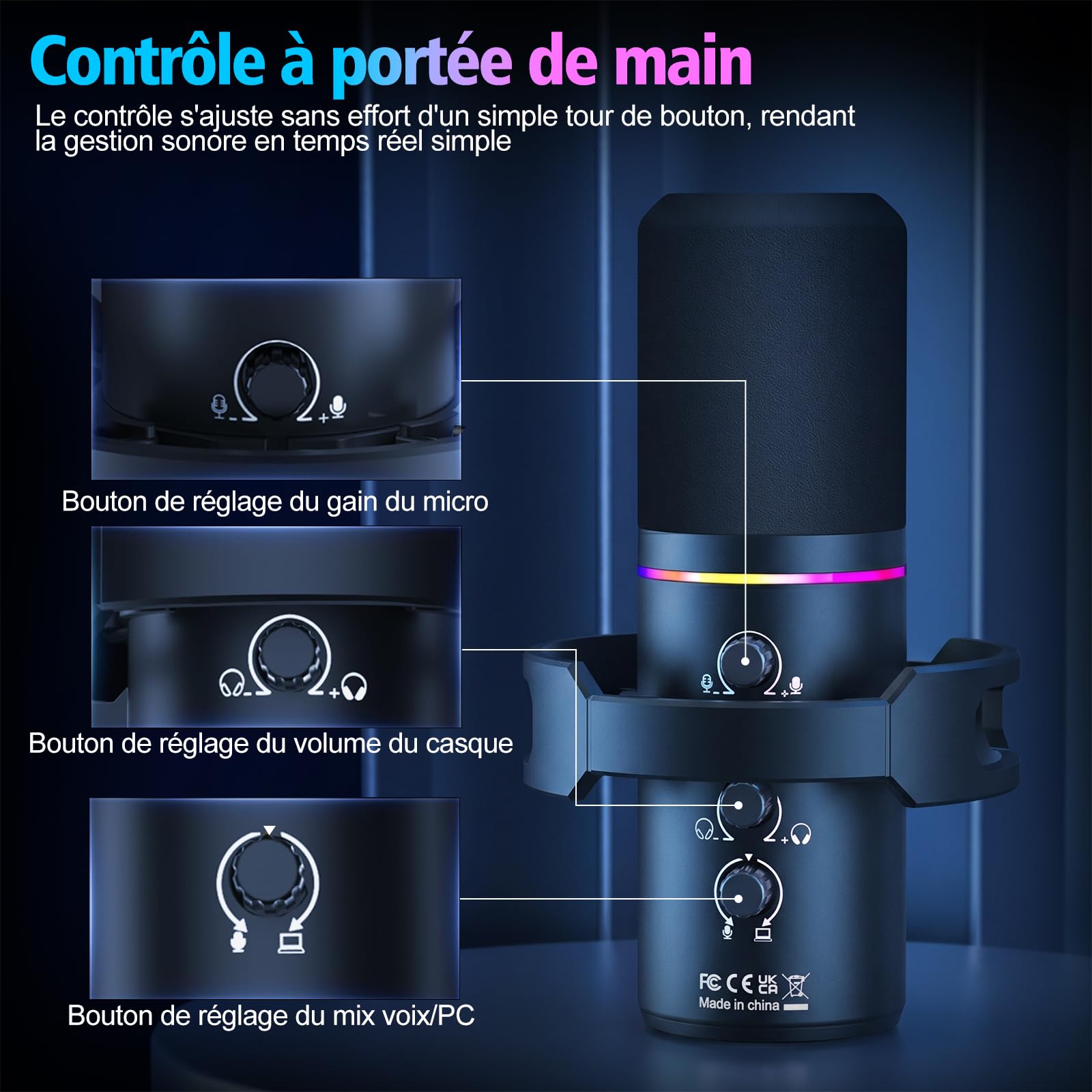Microphone Gaming XLR/USB avec Perche, Microphone Dynamique avec Mise en Sourdine Instantanée, Contrôle du Gain et Prise Casque, Microphone RGB pour Podcast, Streaming, Enregistrement et Chant