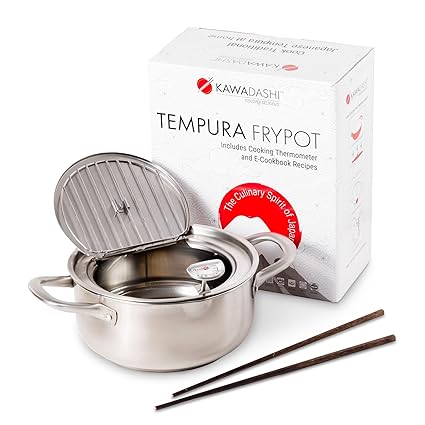 KawaDashi Tempura Deep Fryer - Japanese Deep Frying Pot With Thermometer, Drain Rack and Cooking Chopsticks, Dishwasher Safe With E-Cookbook Included (Over 20 Recipes)