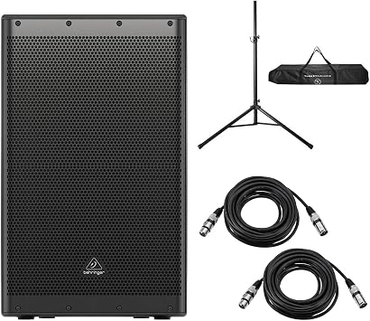 Behringer DR115DSP 15" 1400W Powered PA Speaker System with DSP and 2-Channel Mixer, Bundle with Speaker Stand and 2X 25 XLR Microphone Cable