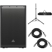 Behringer DR115DSP 15" 1400W Powered PA Speaker System with DSP and 2-Channel Mixer, Bundle with Speaker Stand and 2X 25' XLR Microphone Cable