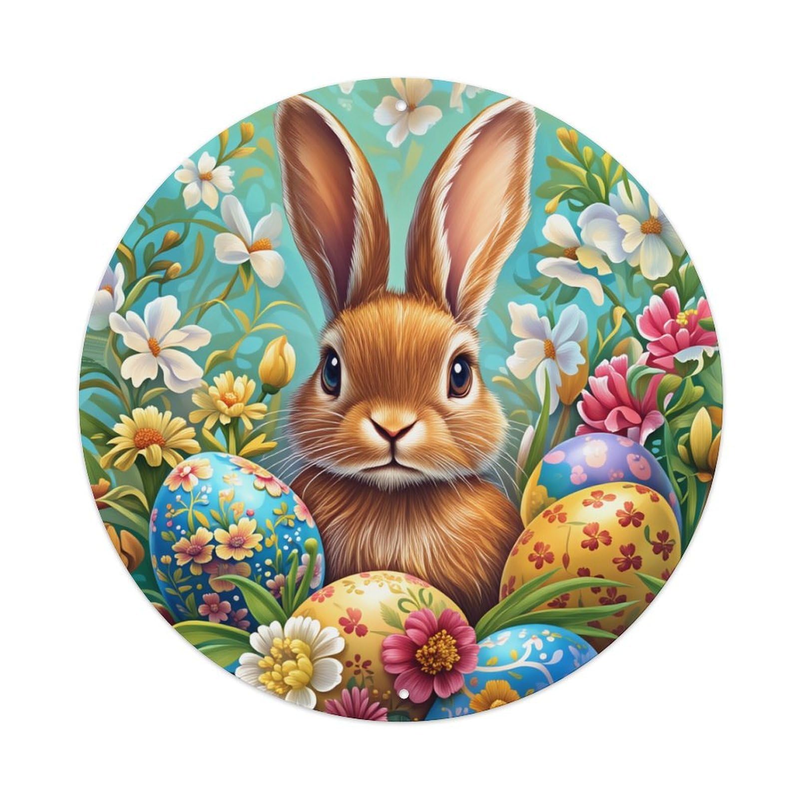 Floral Easter Bunny Eggs Spring Round Tin Sign Retro Metal Sign for Cafe Bar Pub Home Game Room Gym Club Wall Decoration Vintage Metal Poster 8x8 Inch