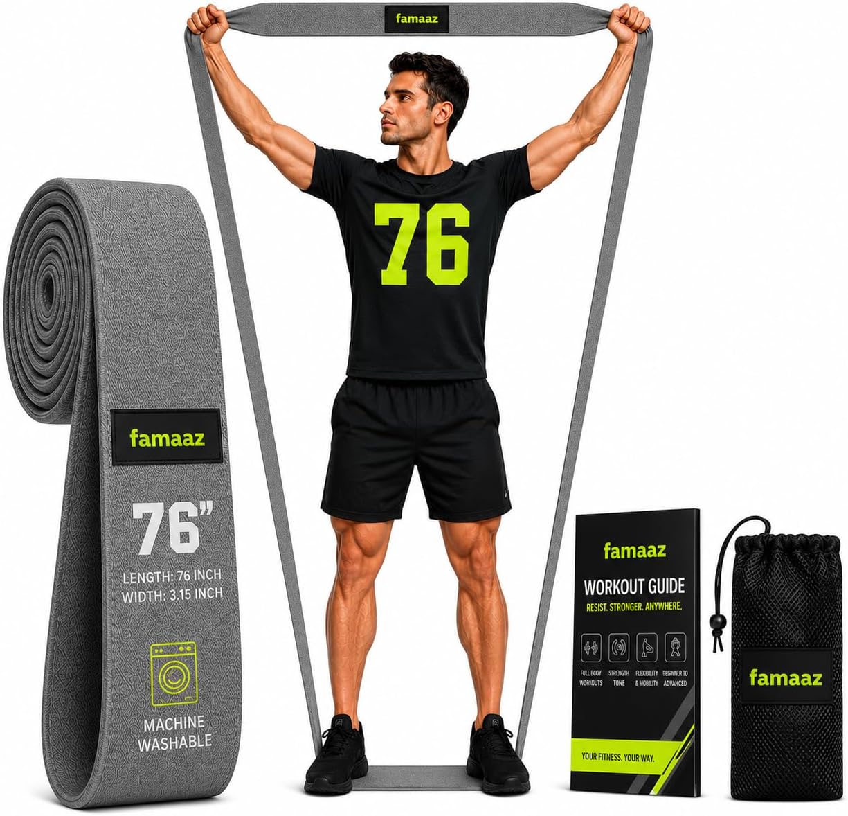 76" Inch Premium Performance Extended Length Thick Fabric Resistance Band – 90lb Tension, Machine Washable, 3" Wide Non-Slip Extra Long, No Pinching/Snapping for Stretching & Full Body Workout