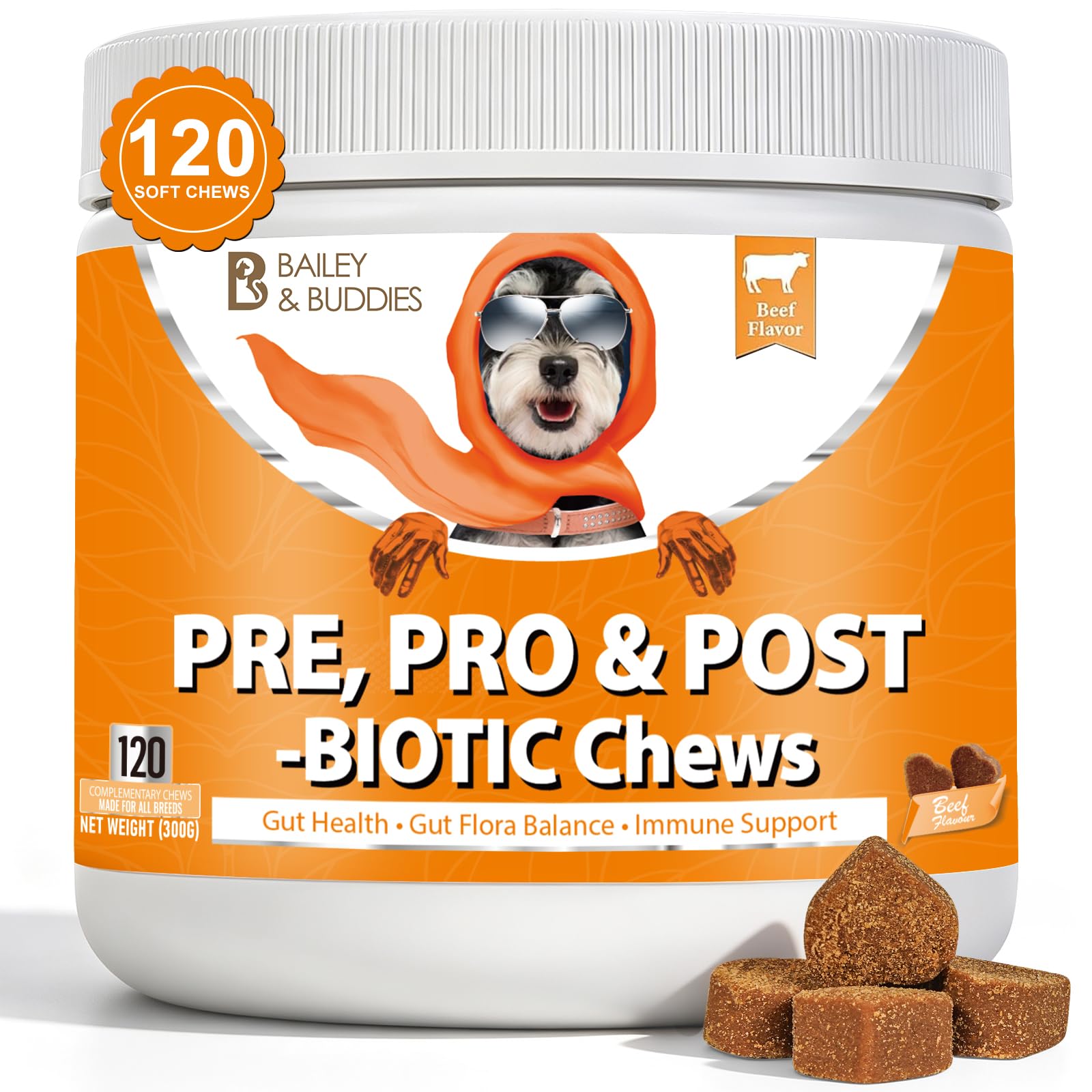 Daily Probiotics for Dogs - 120 Beef Flavored Soft Chews with Natural Pumpkin Powder for Healthy Gut & Sensitive Tummy. Reduces Scooting, Loose Stools, Smelly, Itchy Ears for Small, Medium, Large Dogs