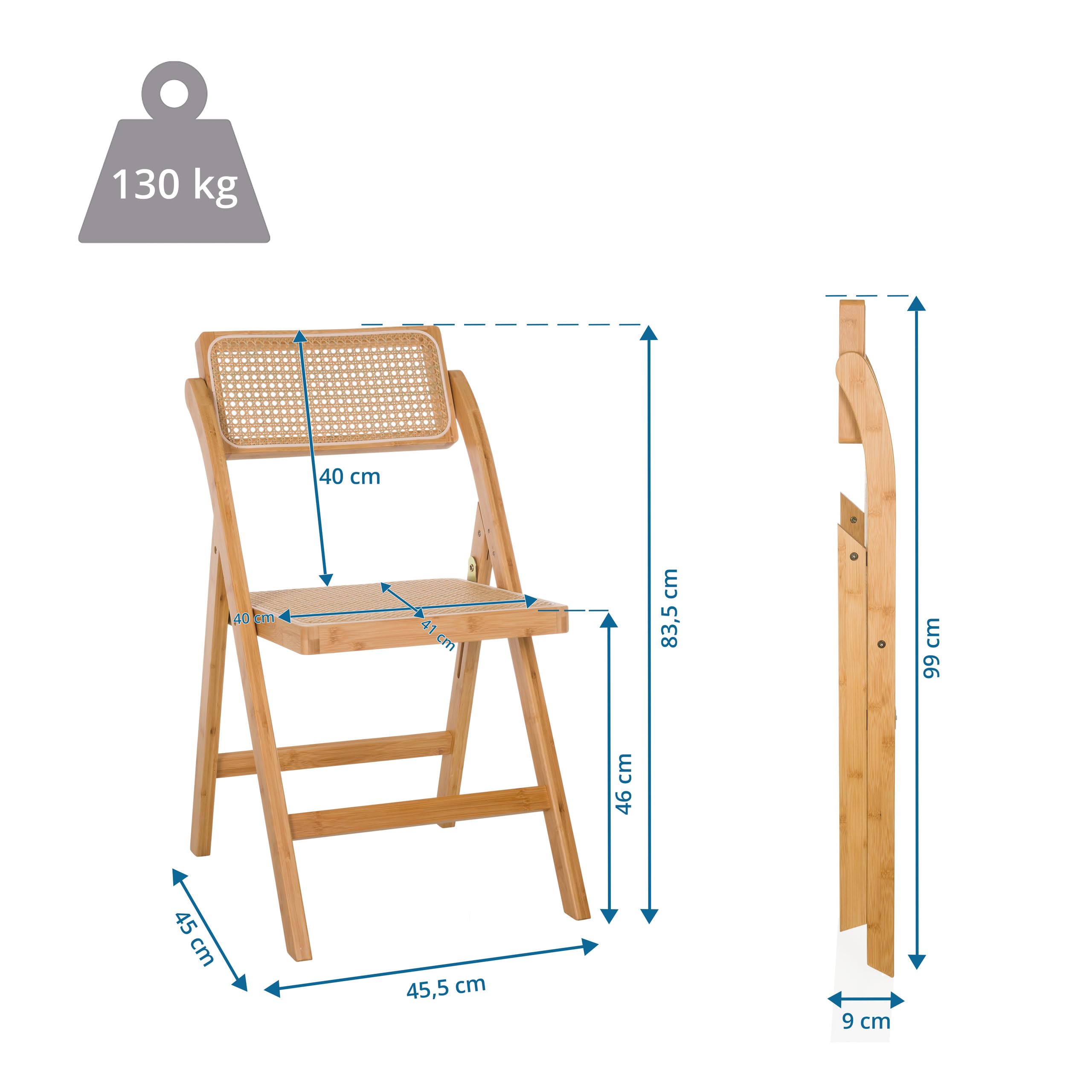 Silla plegable de bambú con trenzado vienés Tudela Bamboo, silla plegable de madera, 130 kg, respaldo giratorio 360°