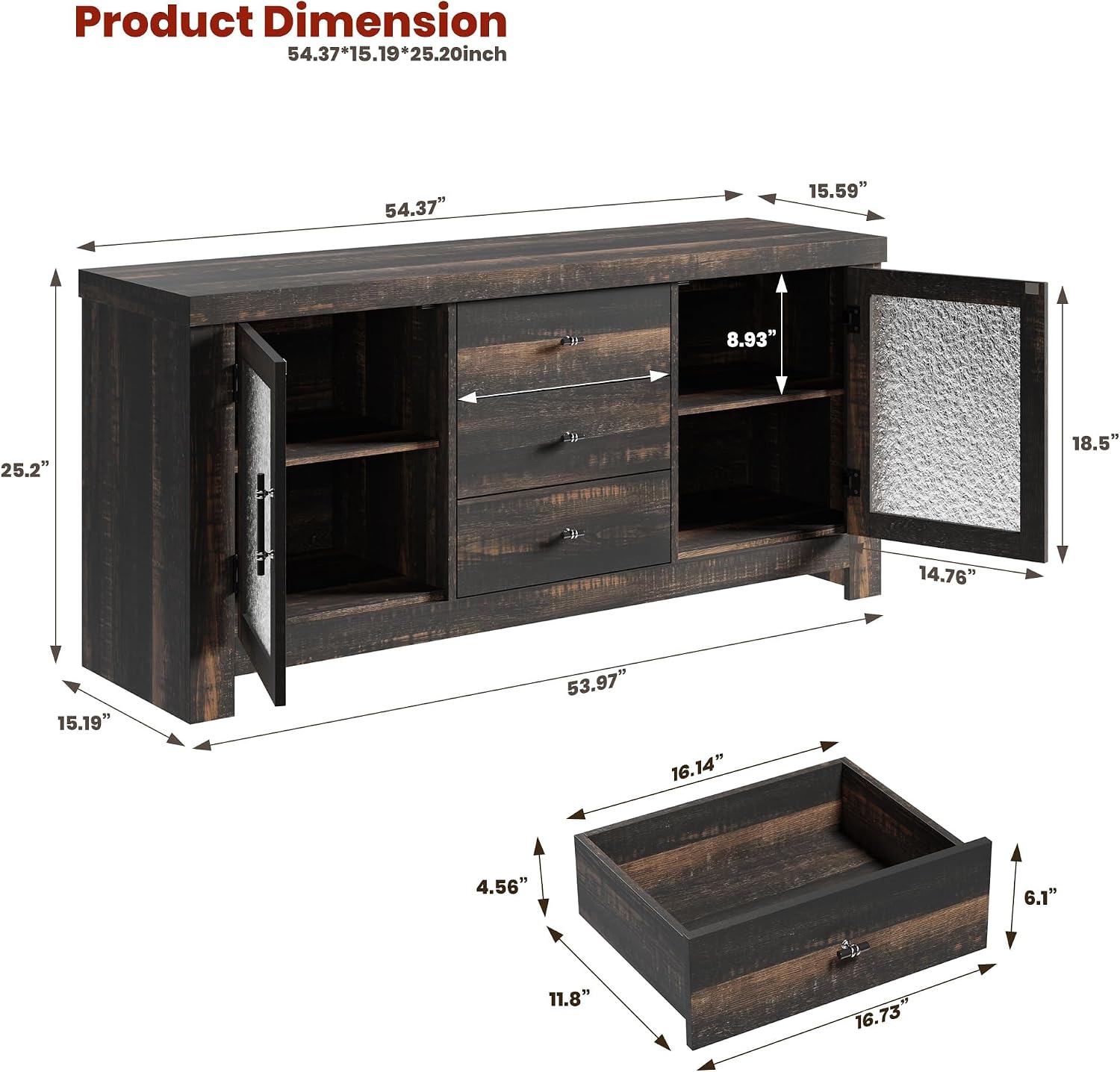 The Garvee sideboard with both frosted glass doors open, revealing interior shelves and stored items.