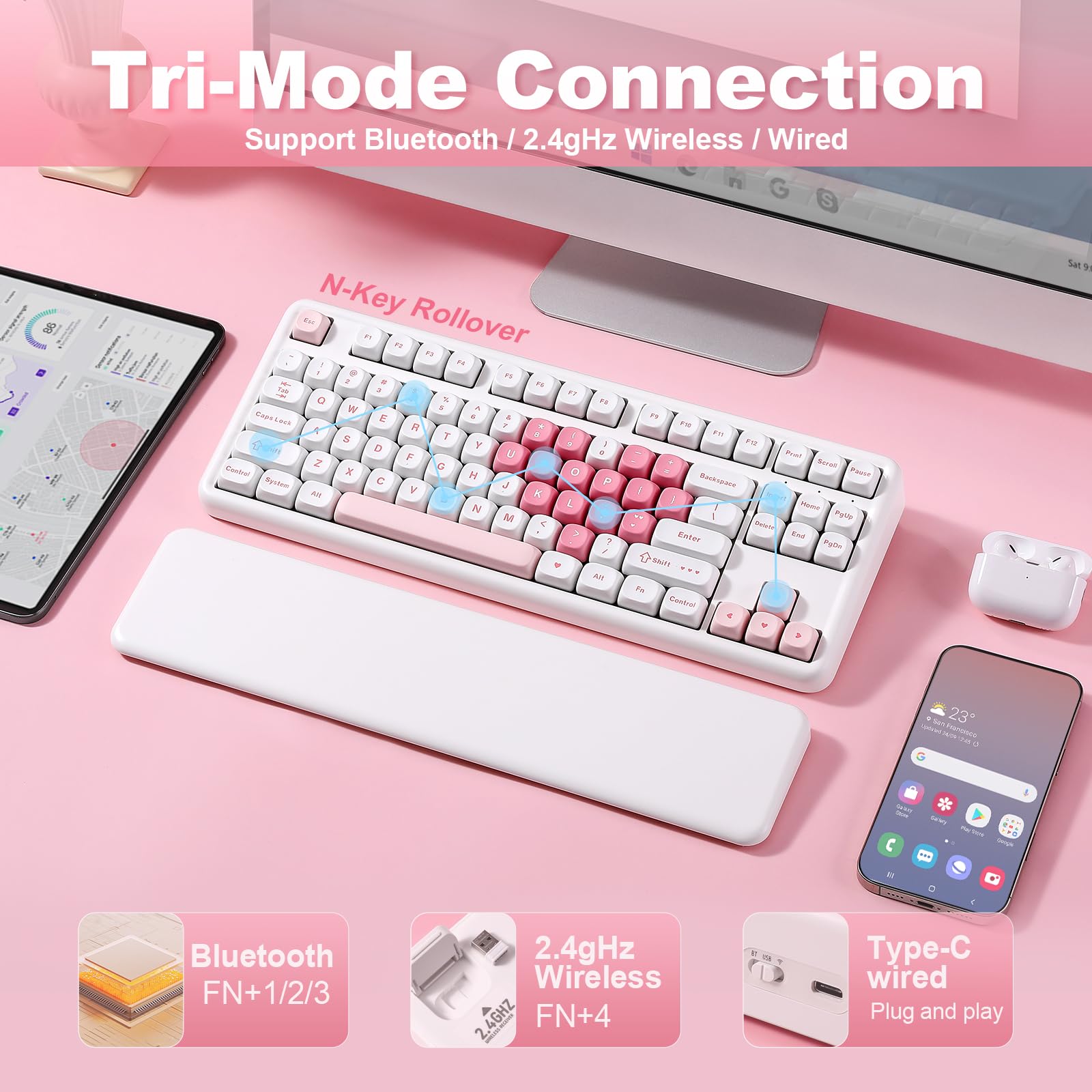 YUNZII B87 Clavier Mécanique sans Fil, QMK/Via Custom Keyboard de Jeu TKL Disposition 87 Touches, BT/2.4G/USB-C Hot Swappable, RGB, avec Wrist Rest (Blanc Cœur, Cocoa Cream v2) - 4