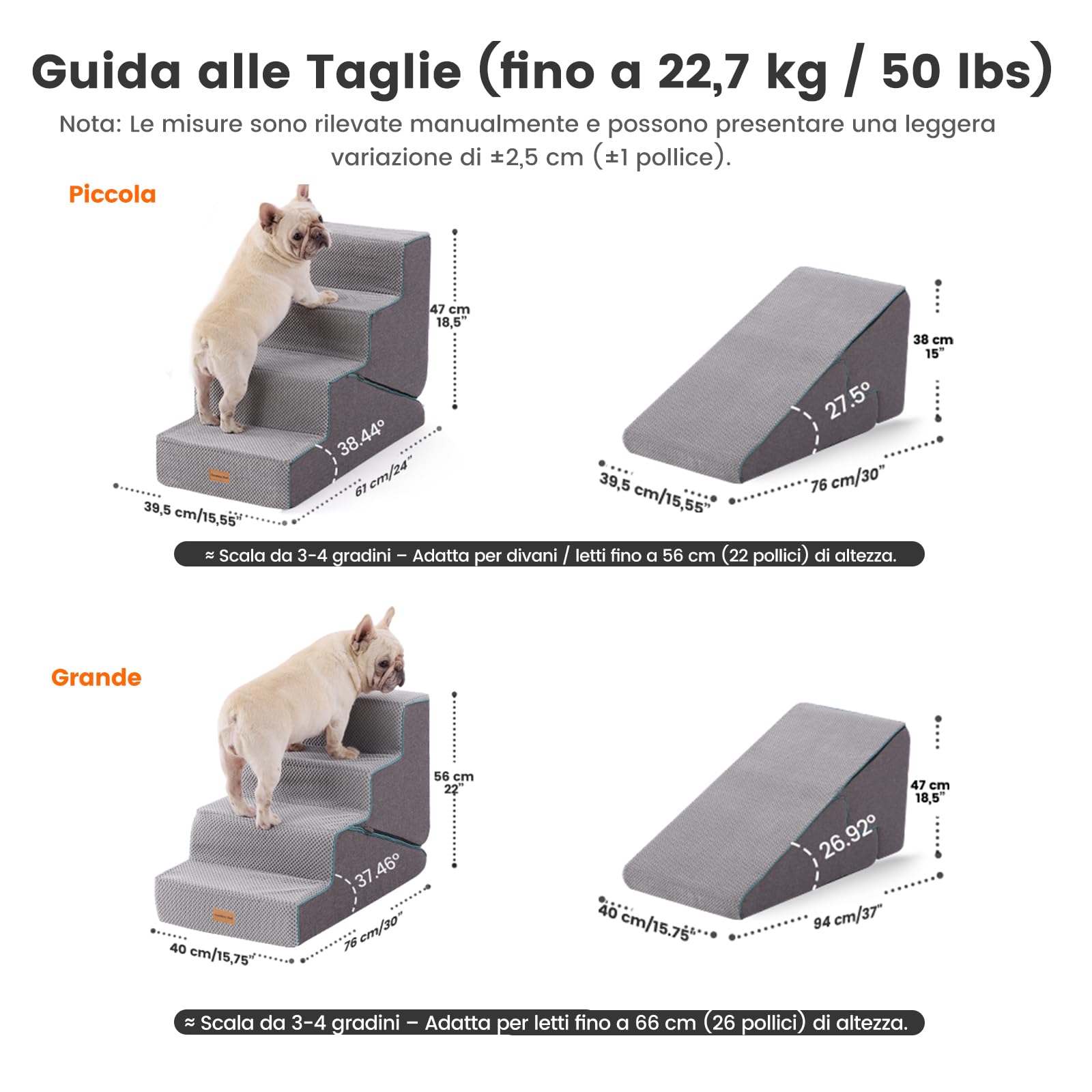 Gardner Pet scala 2-in-1 per cani piccoli, scala per cane a 4 gradini, rampe per cani in schiuma con rivestimento impermeabile e antiscivolo per letto, divano, poltrona e auto, grigio