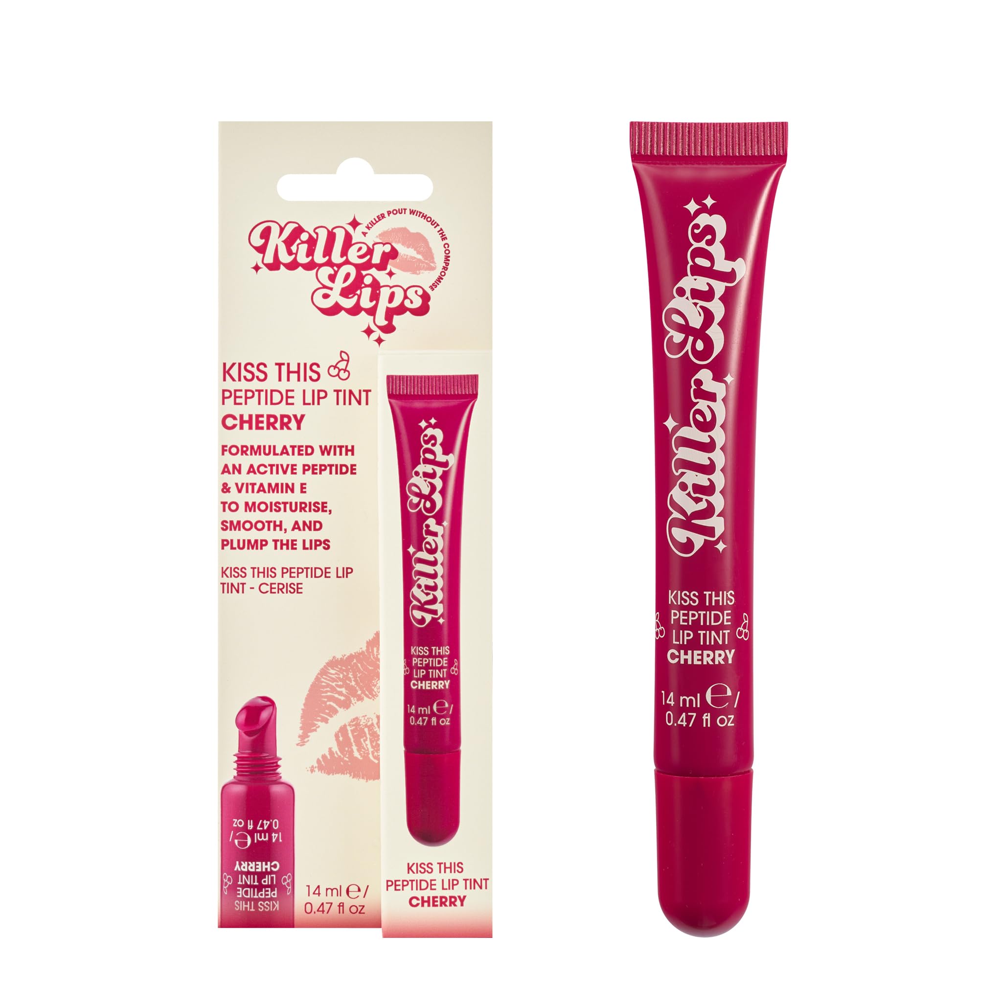 Killer Lips Kiss This Peptide Lip Tint – Cherry 14ml Peptide-Powered Classic Red Lip Tint with Vitamin E, To Smooth & Hydrate for Soft, Kissable Lips, Cherry Scented