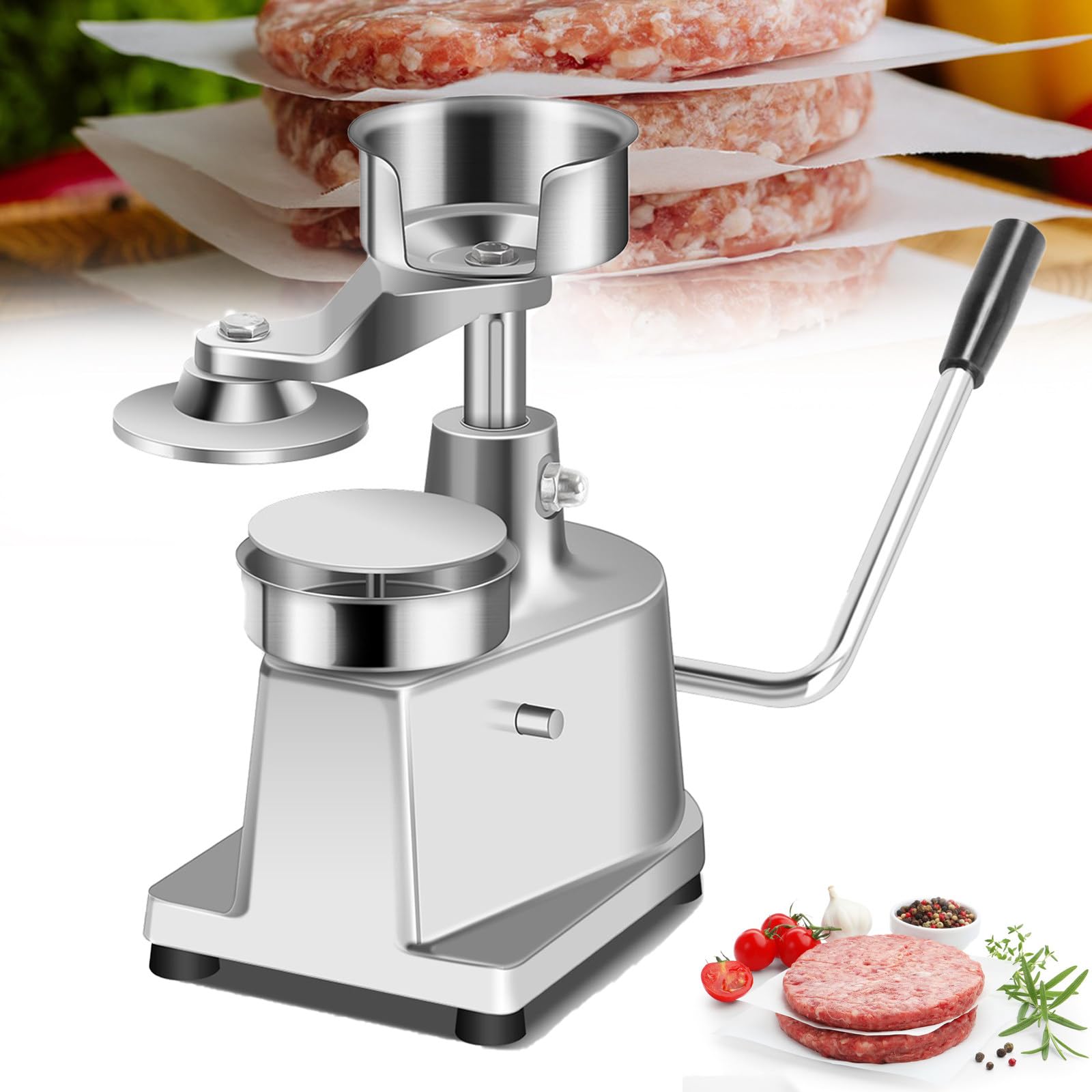 Presse à viande pro et Machine à former les steaks hachés en inox 4" | Robuste, 10/13/15cm, 100/h, 500 papiers, Éjecteur une touche, Acier pro, pour resto, food-truck & BBQ