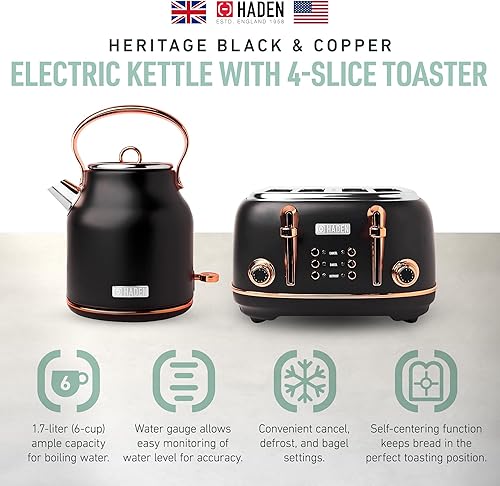 Miniatura 2 de Haden Heritage - Tostadora de acero inoxidable de 4 rebanadas de ranura ancha con hervidor de agua eléctrico de acero inoxidable de 1.7 litros,