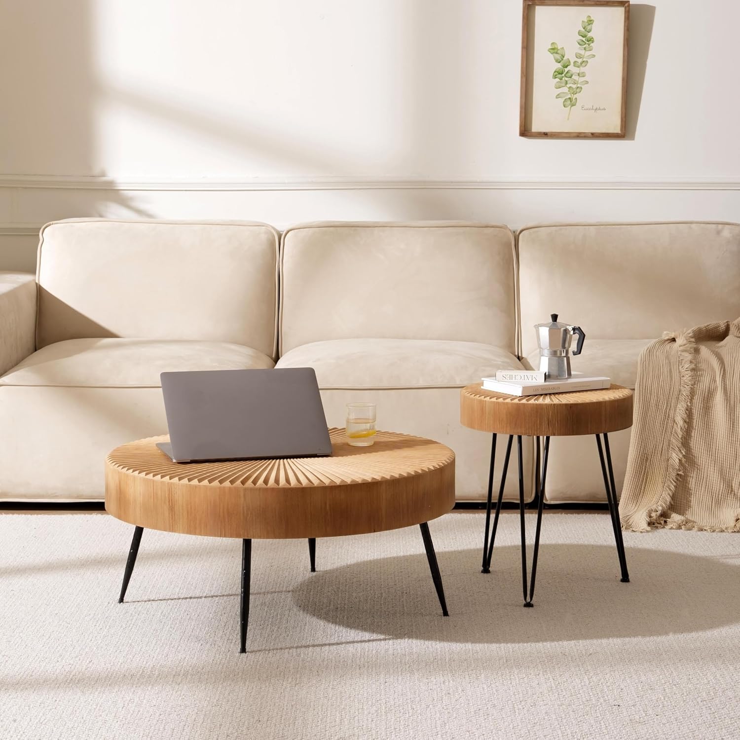 Couchtisch Rund Holz, 2er Set Wohnzimmertisch Rund Holz in linearem Design, Coffee Table Set mit Schwarzen Metallbeinen, Couchtisch im Wohnzimmer, ø77x36cm mit 40x47cm