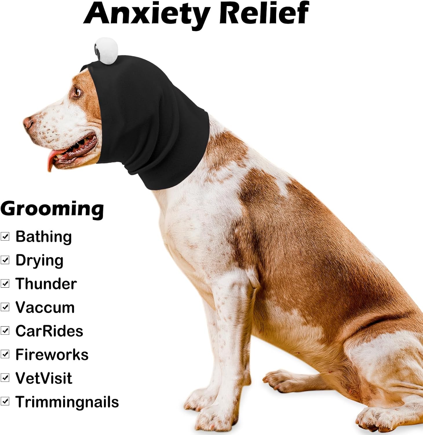 SAWMONG Cute Dog Calming Hoodie Ear Head Covers for Noise Fireworks,No Shake Ear Wraps for Anxiety Relief,Dog Ear Muffs Hematoma Pet Grooming and Force Drying,Black,M image 3